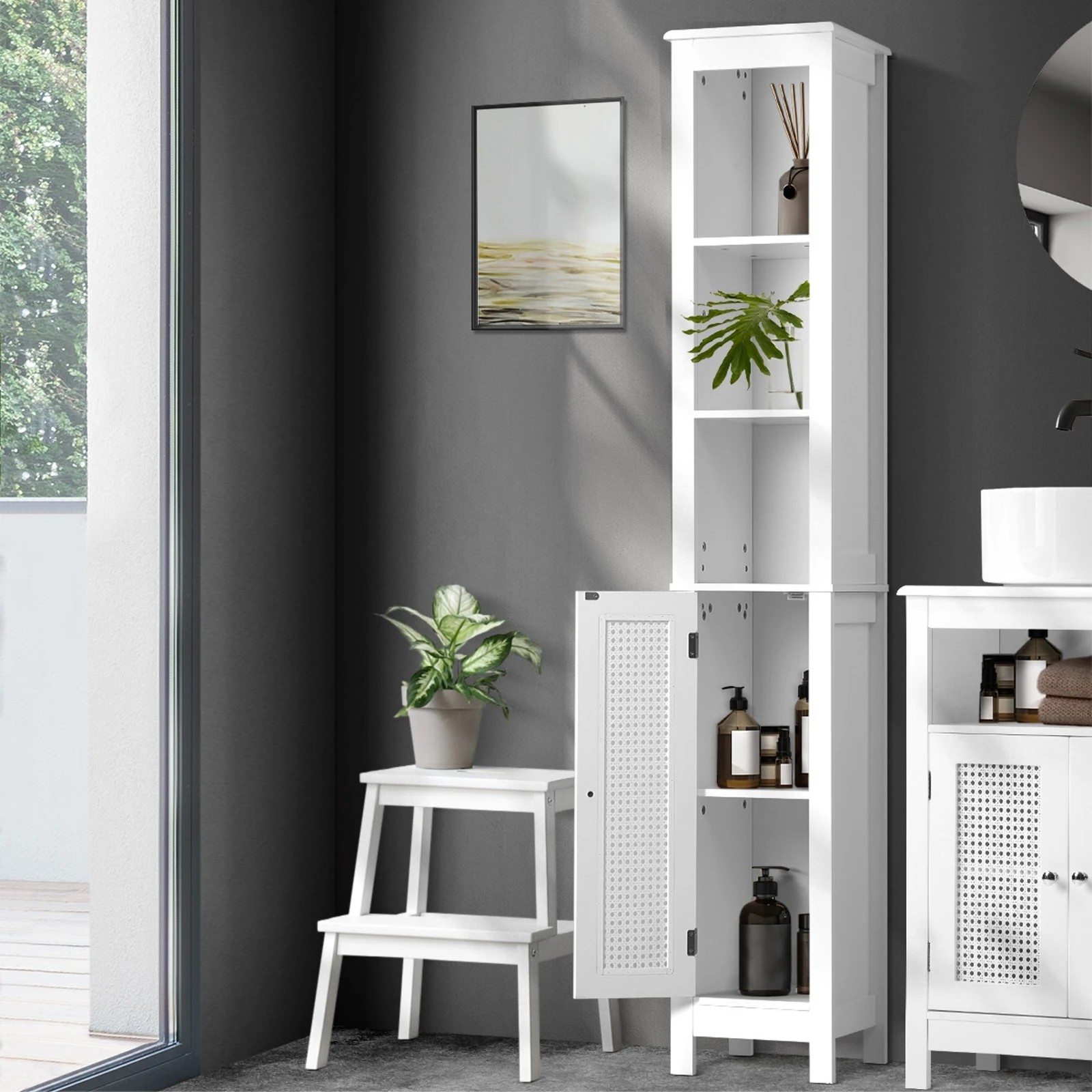 3 Oikiture Storage Cabinet Tall Slim Cupboard Laundry Rattan Door
 - White, 3 of 9