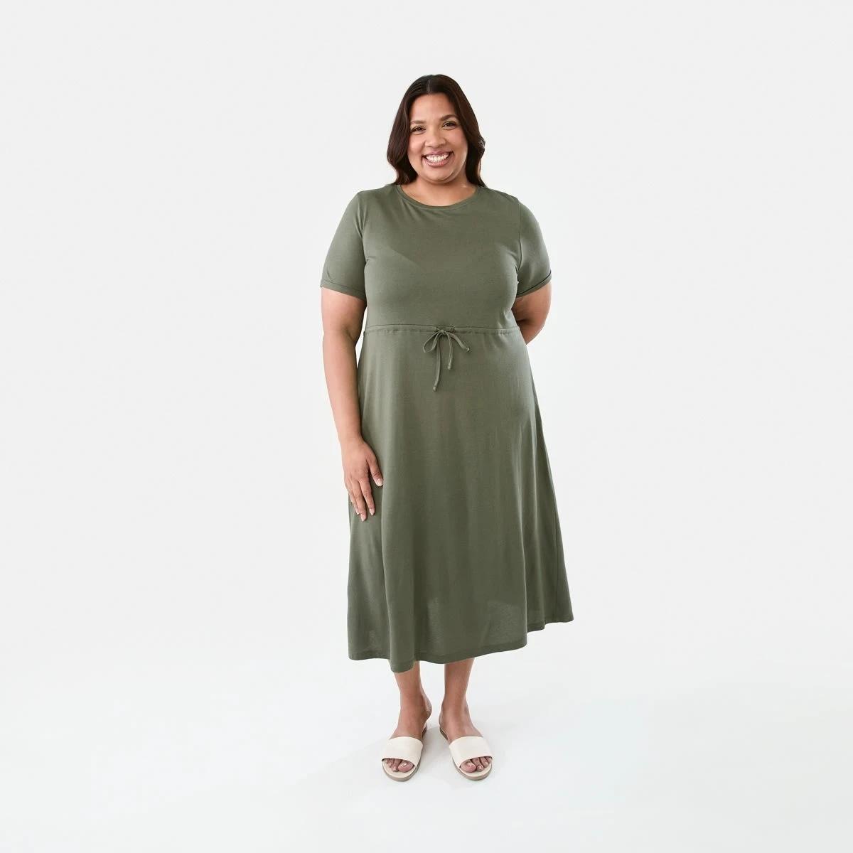1 Curve Short Sleeve Waist Tie Midi Dress Grn Olive, 1 of 7