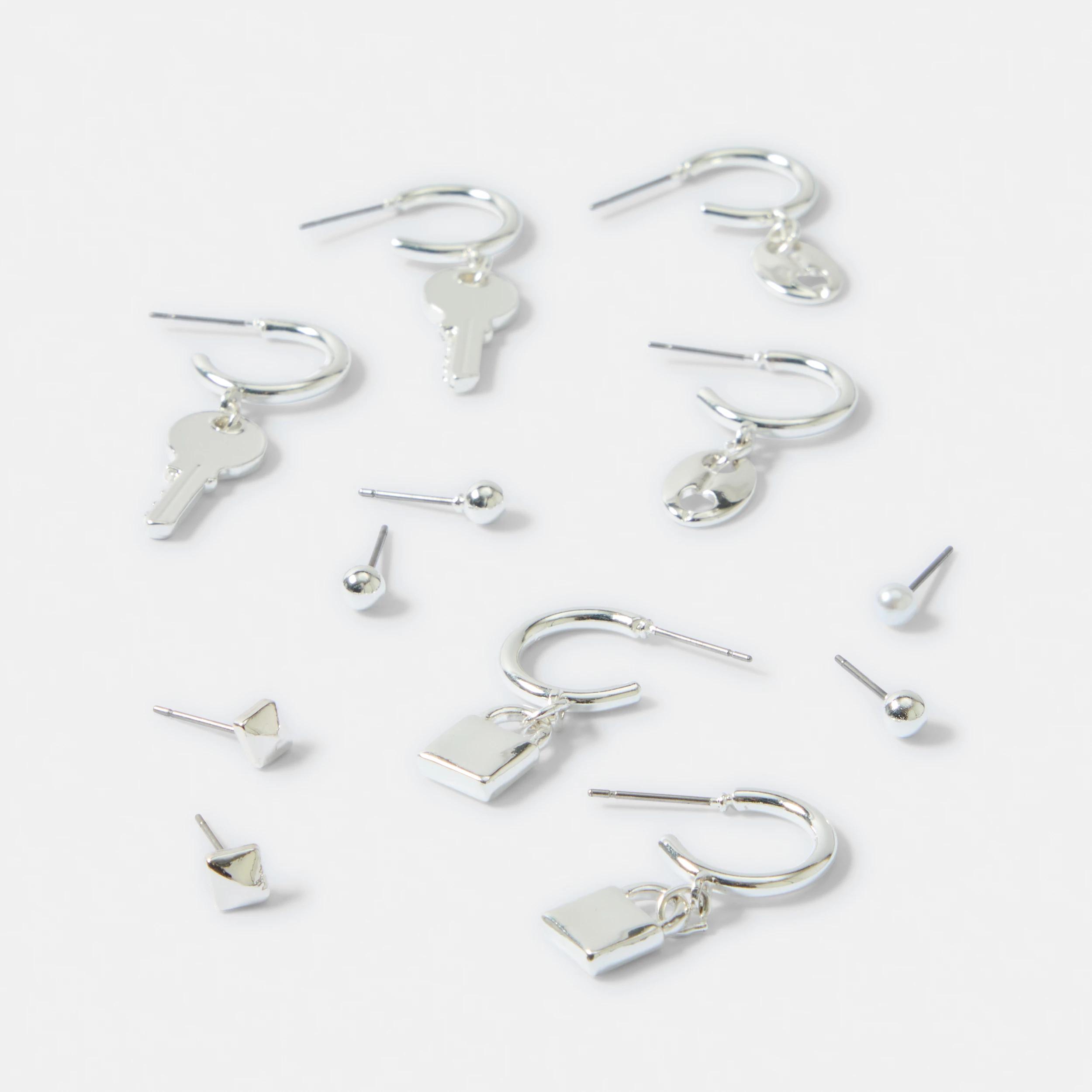 2 6 Pack Lock Key Hoop Earrings - Silver Tone Silver, 2 of 4