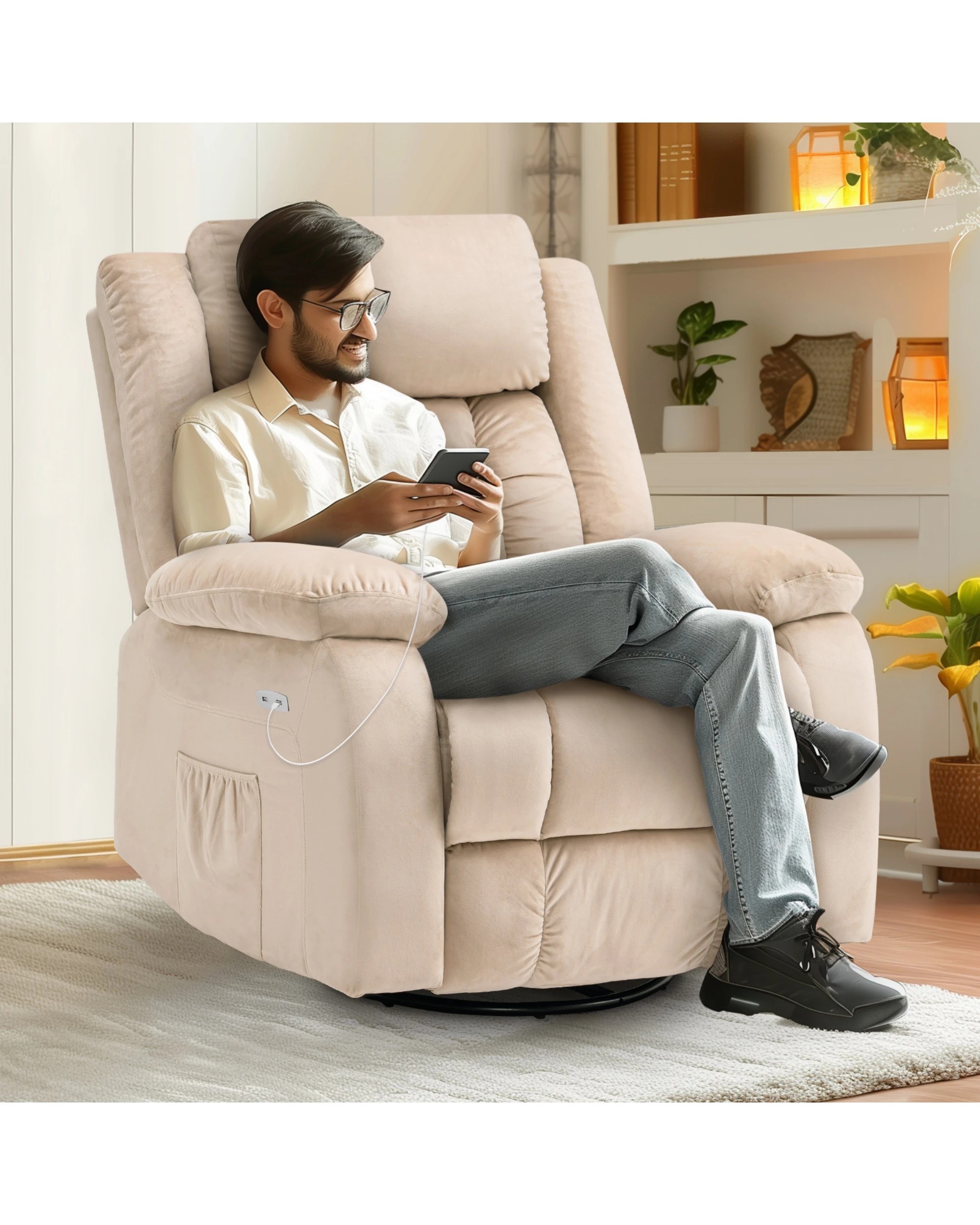 5 Advwin Recliner Chair Electric Heat Massage Lounge Armchair Rotatable Velvet - Beige, 5 of 8