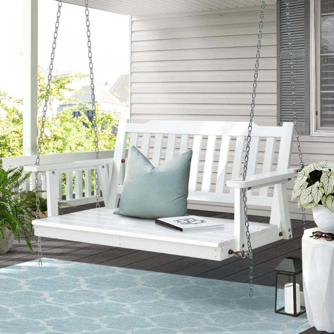 3 Gardeon Porch Swing Chair With Chain Outdoor Furniture Wooden Bench 2 Seat - White, 3 of 6