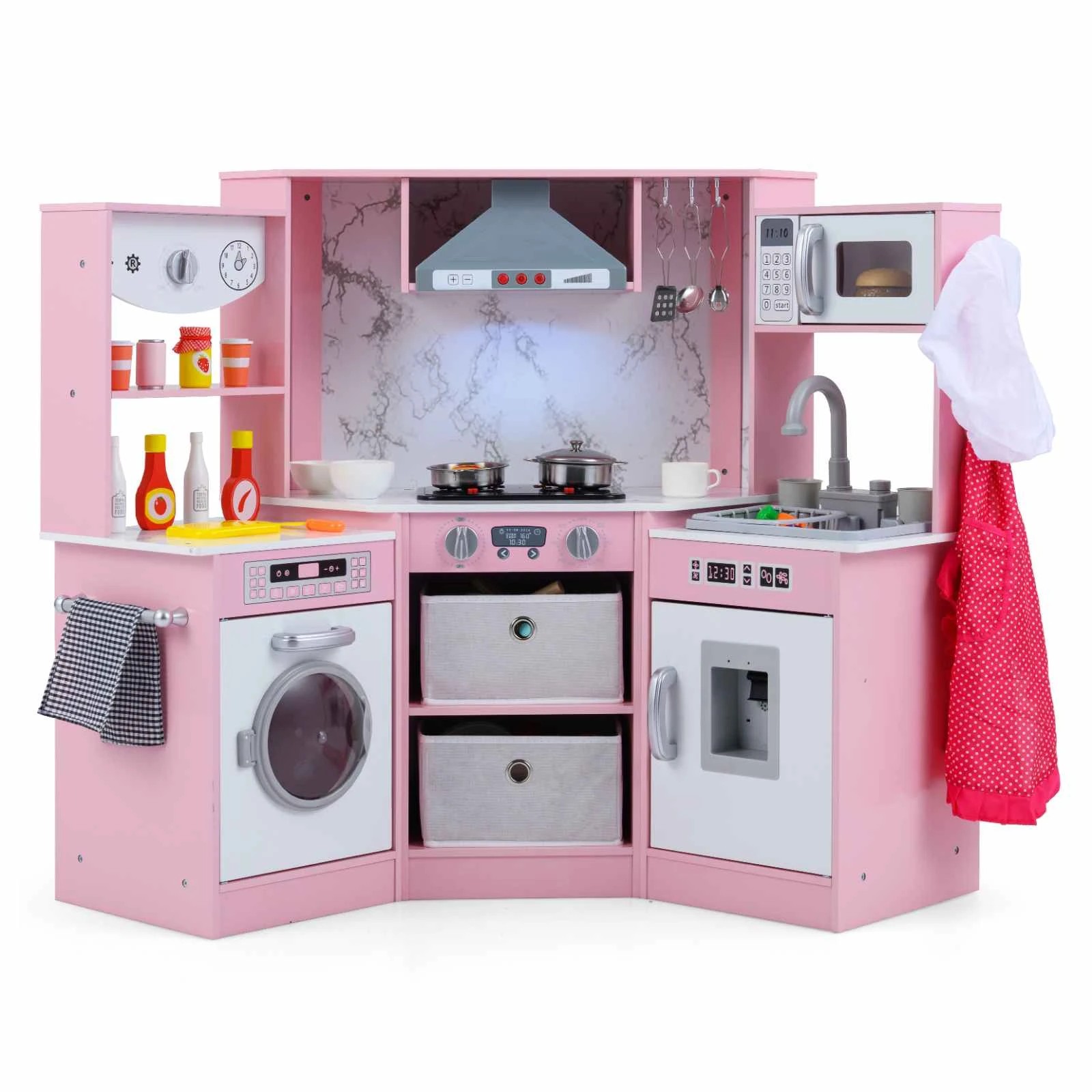 1 Costway Wooden Corner Kitchen Playset Cooking Toy w/Cookware - Pink, 1 of 1