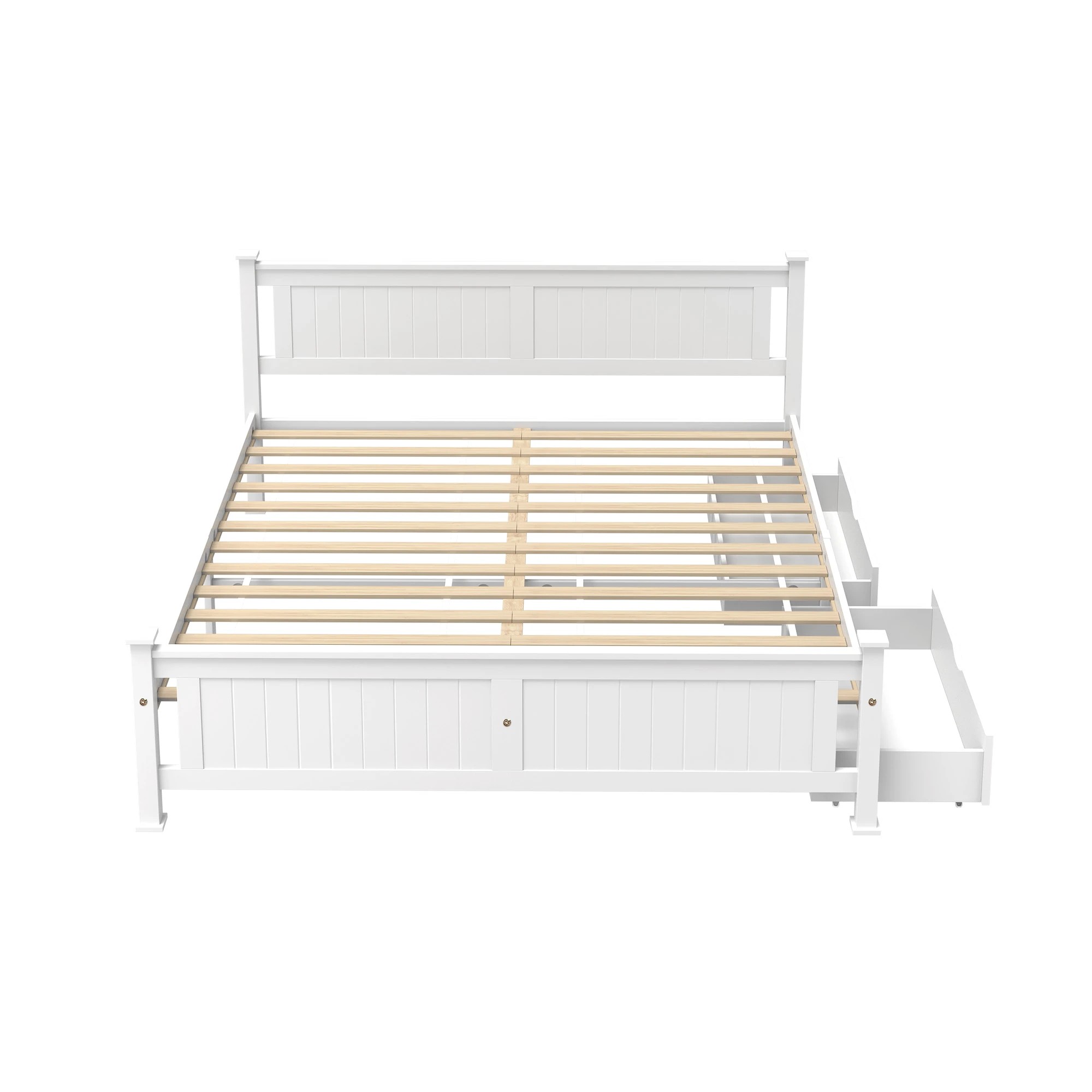 Oikiture Solid Pine Wood Bed Frame with 2 Trundle Drawers King - White ...