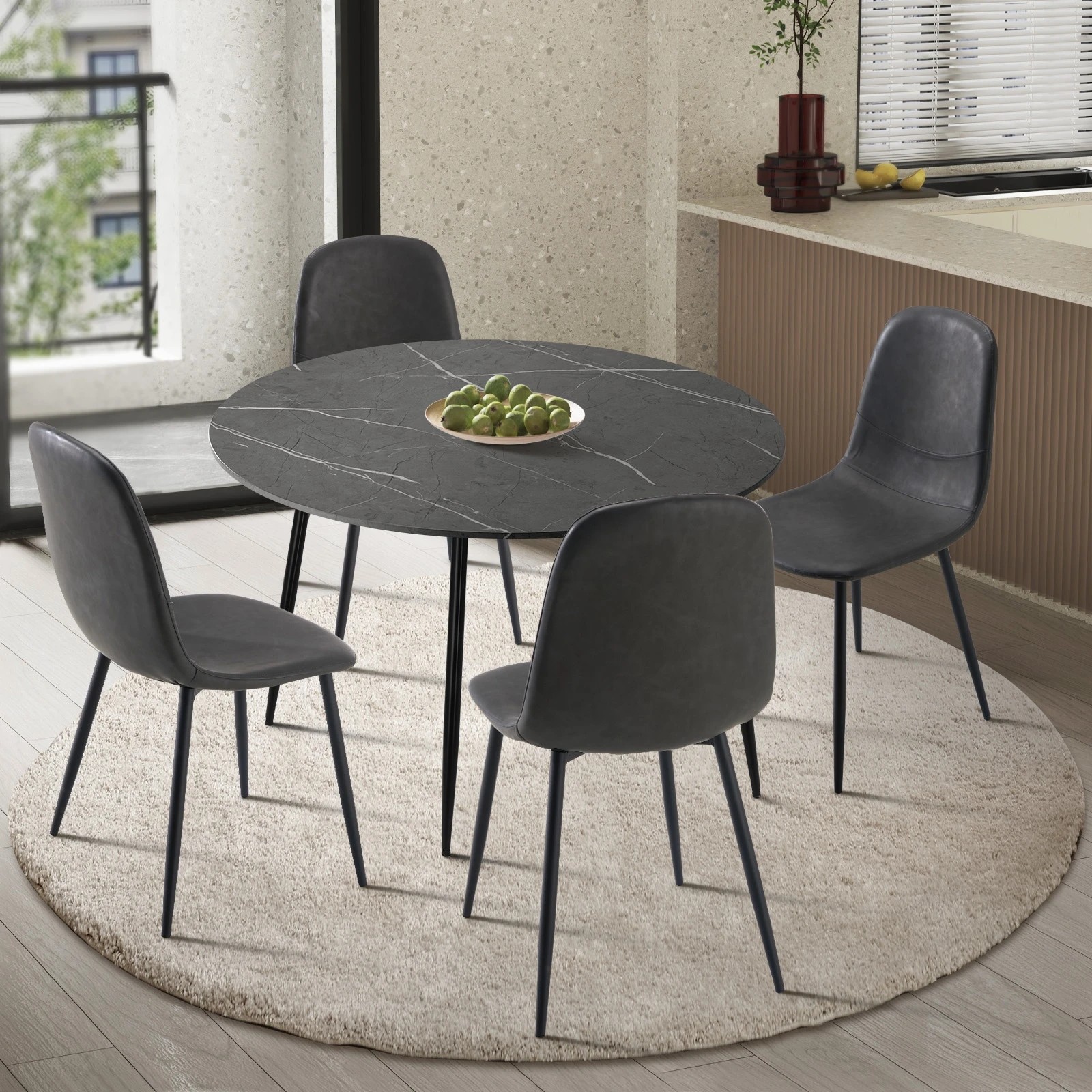 2 Oikiture 110cm Round Dining Table With 4pcs Pu Dining Chairs Metal Legs
 - Multi, 2 of 10