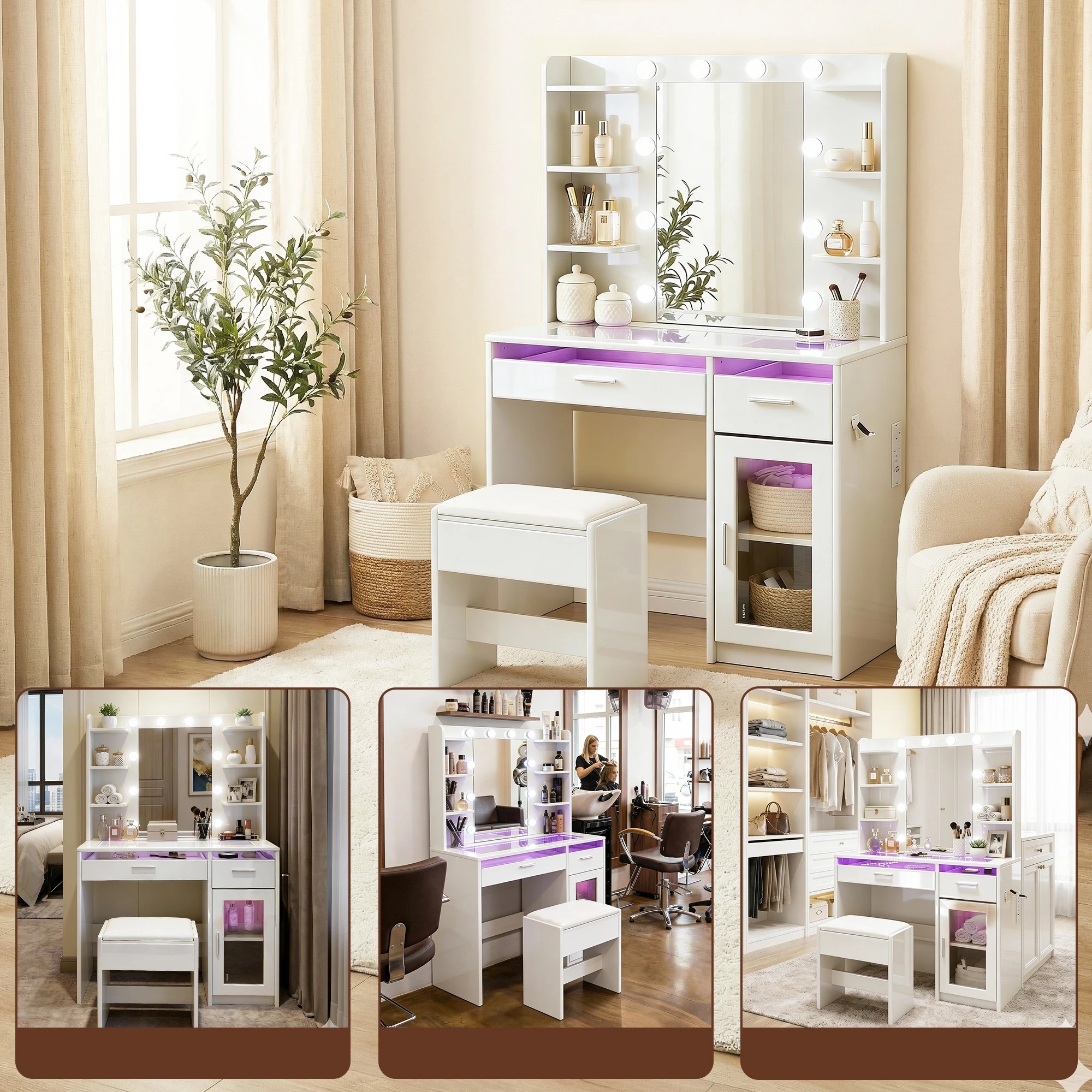 9 Artiss Dressing Table Vanity Desk Set 10 LED Bulbs RGB Light - White, 9 of 10