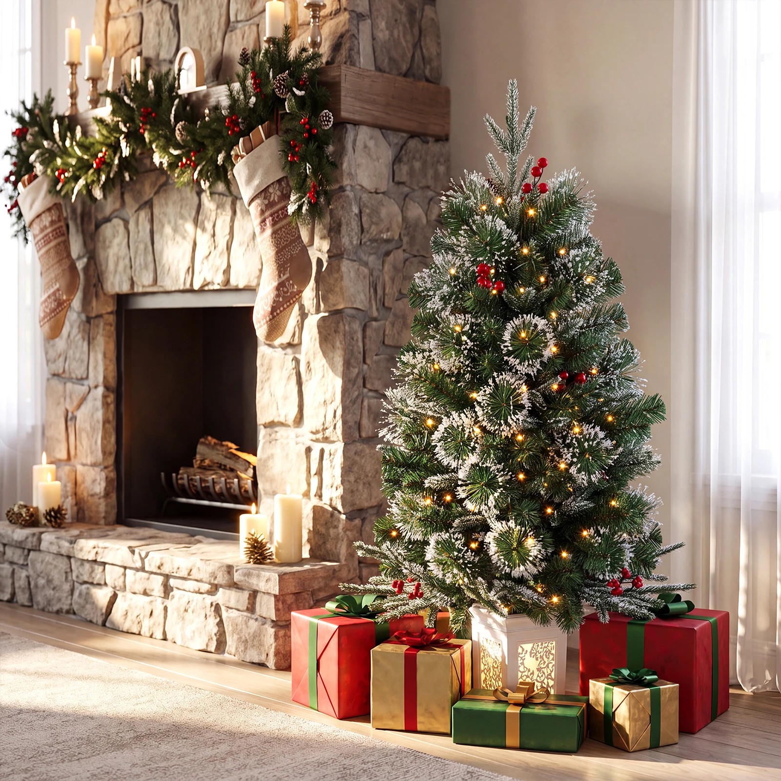 4 Costway 90cm Pre-Lit Potted Christmas Tree Artificial Frosted Xmas Tree w/Red Berries, 4 of 6