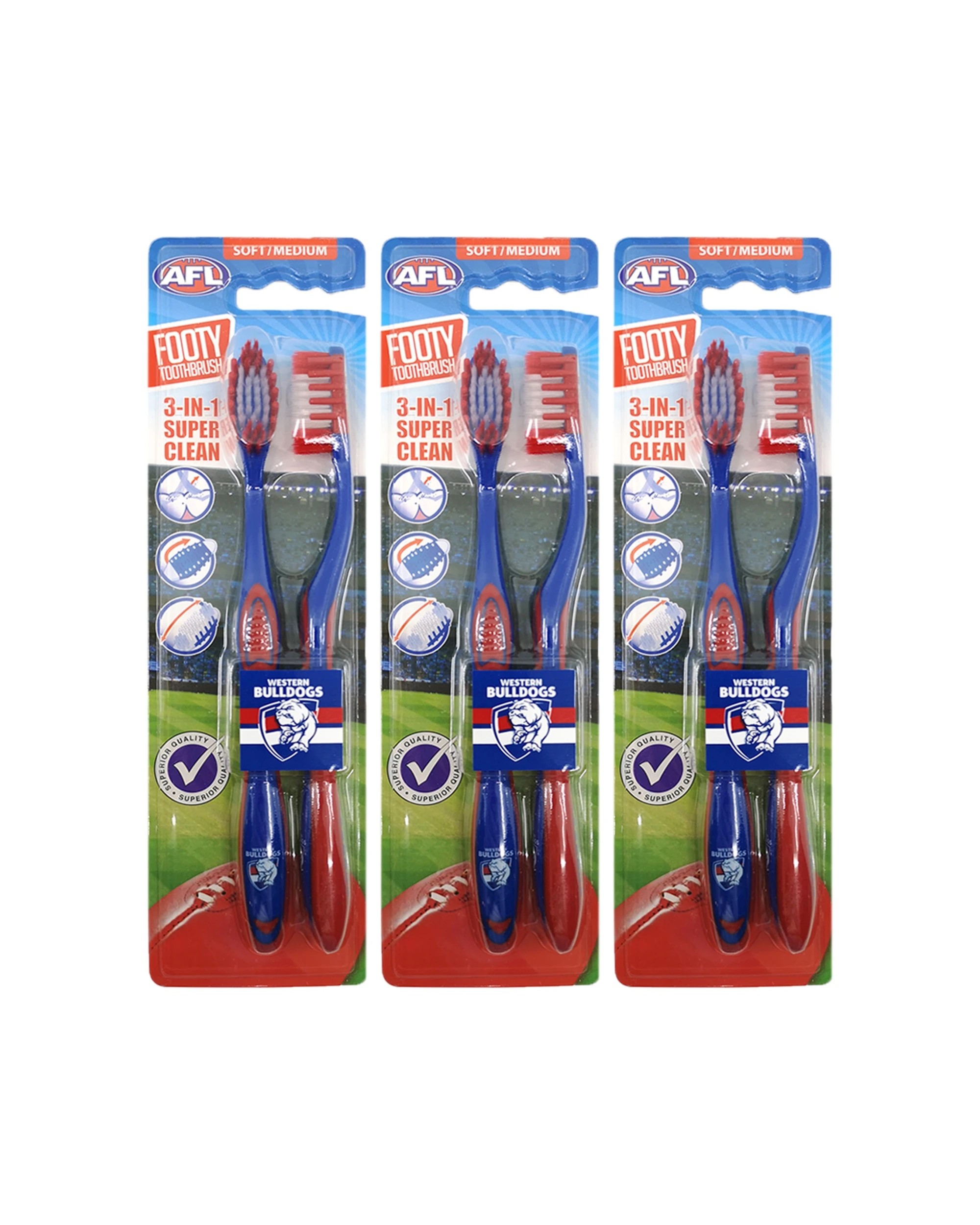 1 AFL 3x 2pc Soft/Medium Toothbrush Oral Care Western Bulldogs Kids/Adults - Multi, 1 of 1