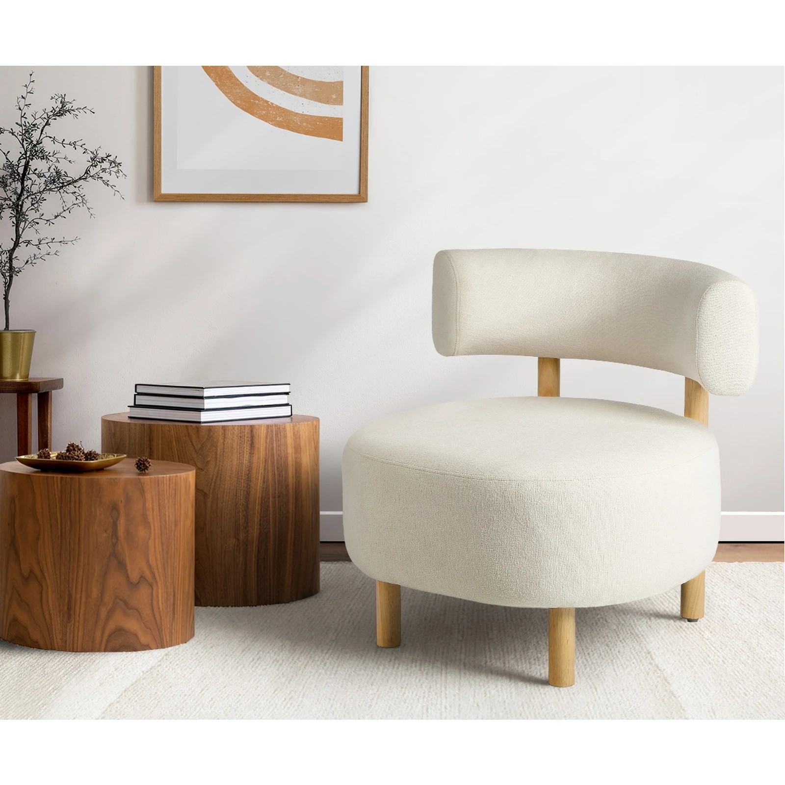 4 Oikiture Wooden Armchair Lounge Chair Linen Fabric Accent Armchairs - Beige, 4 of 10