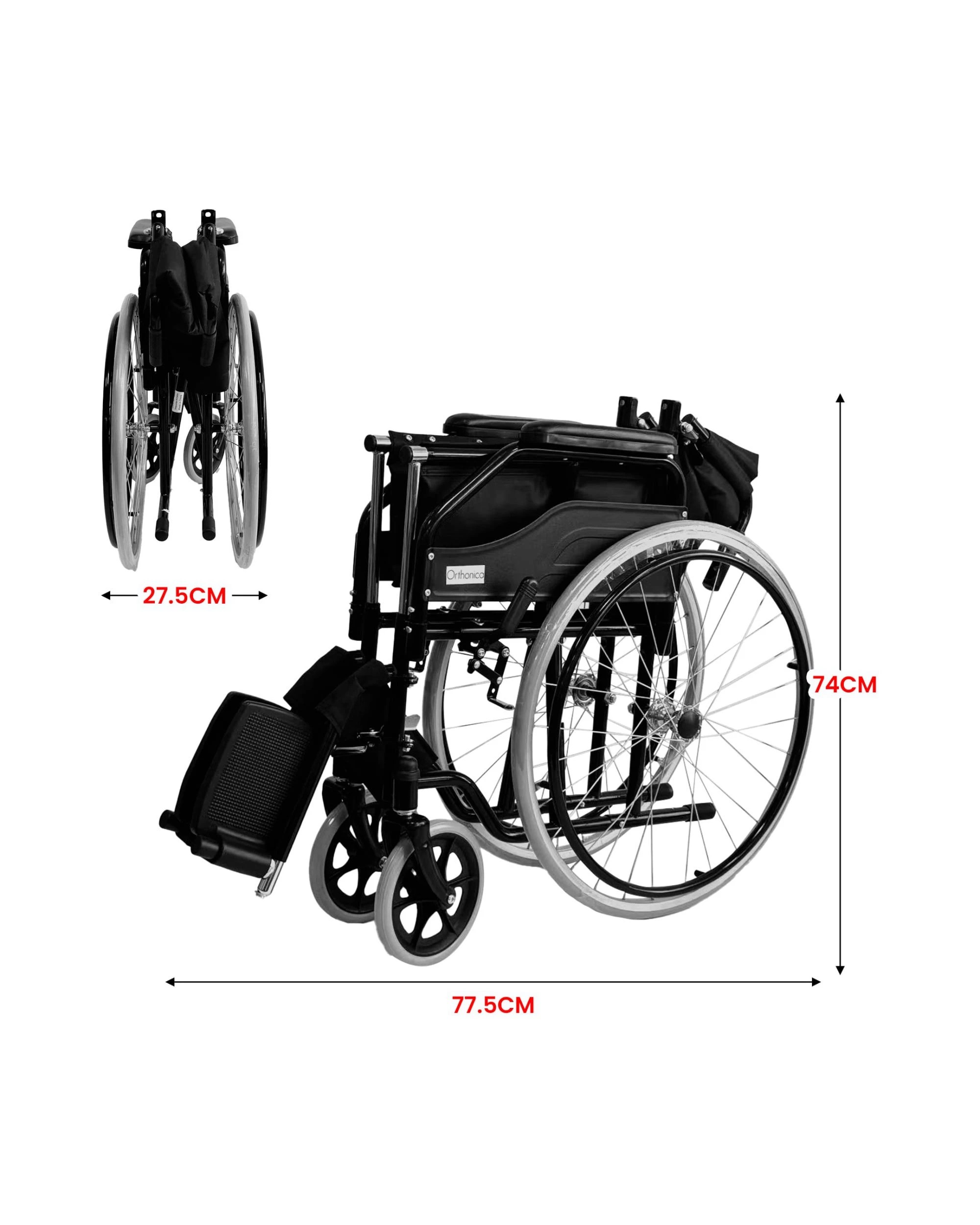 2 Orthonica Self Propelled Wheelchair Foldable 24in Wheel Lightweight Disability Aid Portable Mobility Aid - Black, 2 of 5