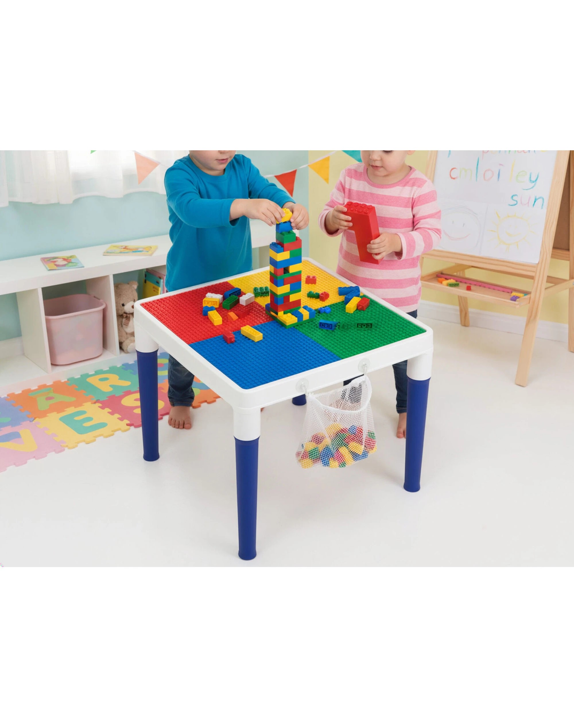 4 GEM Toys Children's 2-in-1 Building Blocks Table & Chairs Set w/ 100 Blocks, 4 of 8