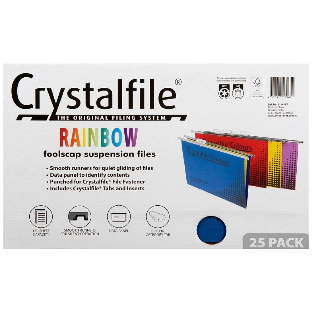 1 Crystalfile Foolscap Suspension File Assorted Colours 25 Pack, 1 of 4