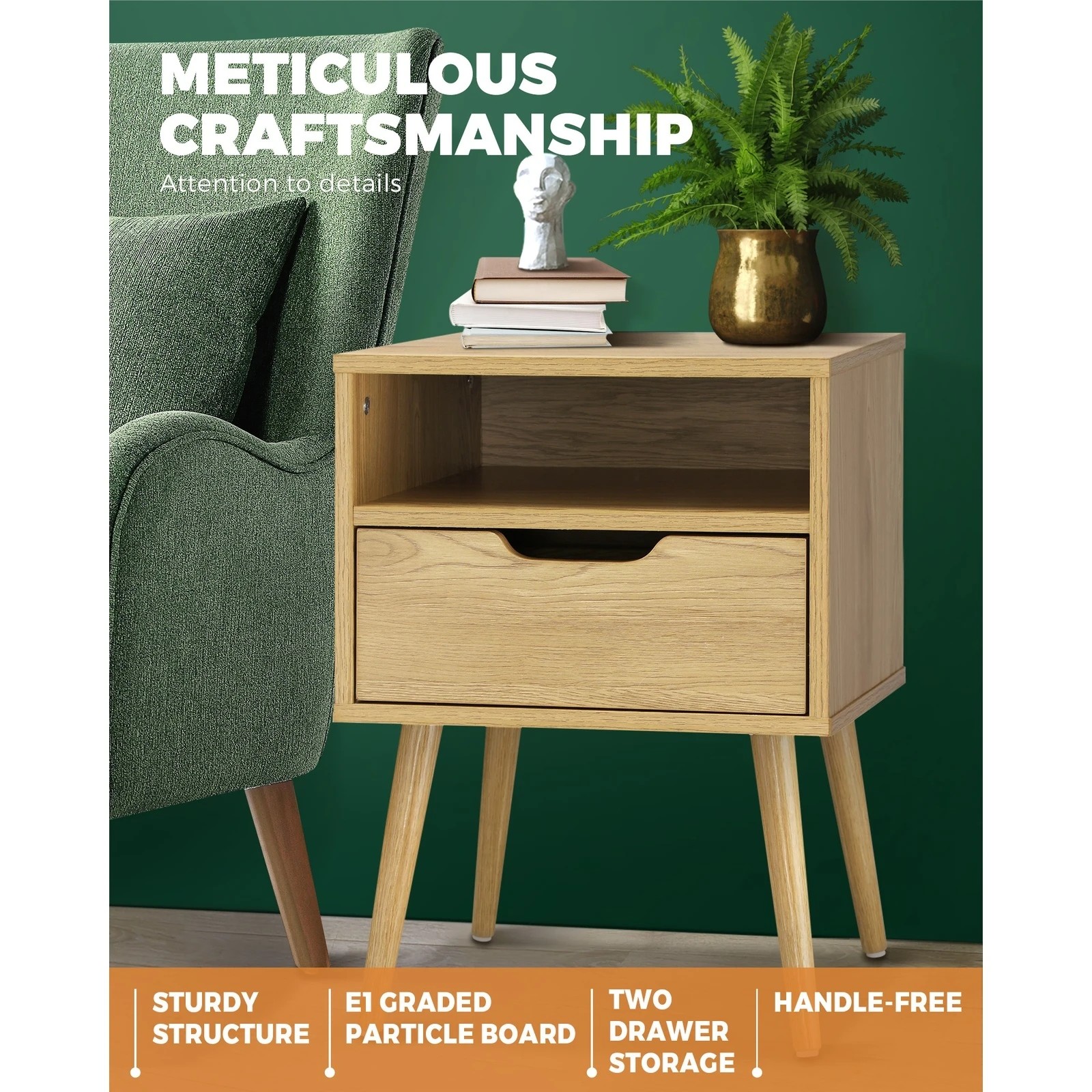 3 Oikiture Bedside Table Drawers Side Tables Nightstand Wood
 - Natural, 3 of 10