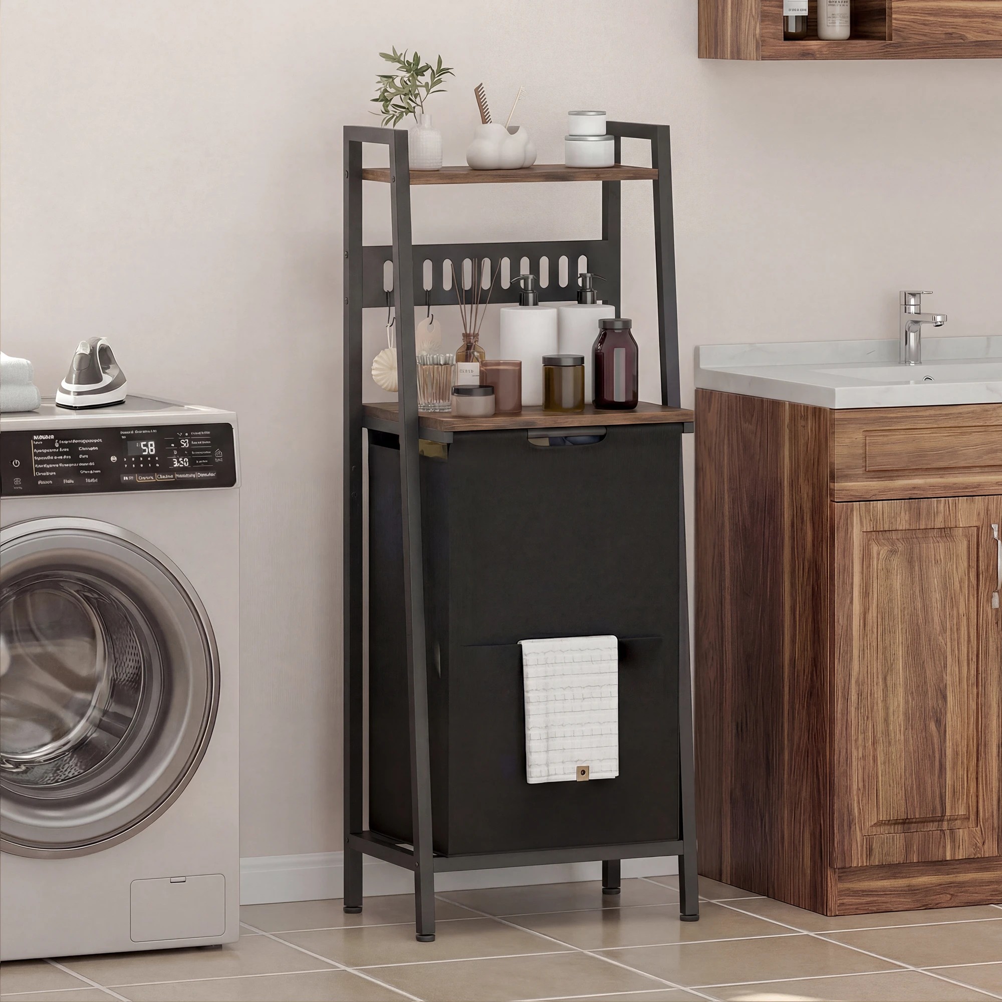 8 Advwin 54L Laundry Hamper with Wheels Shelves Hooks - Brown, 8 of 9