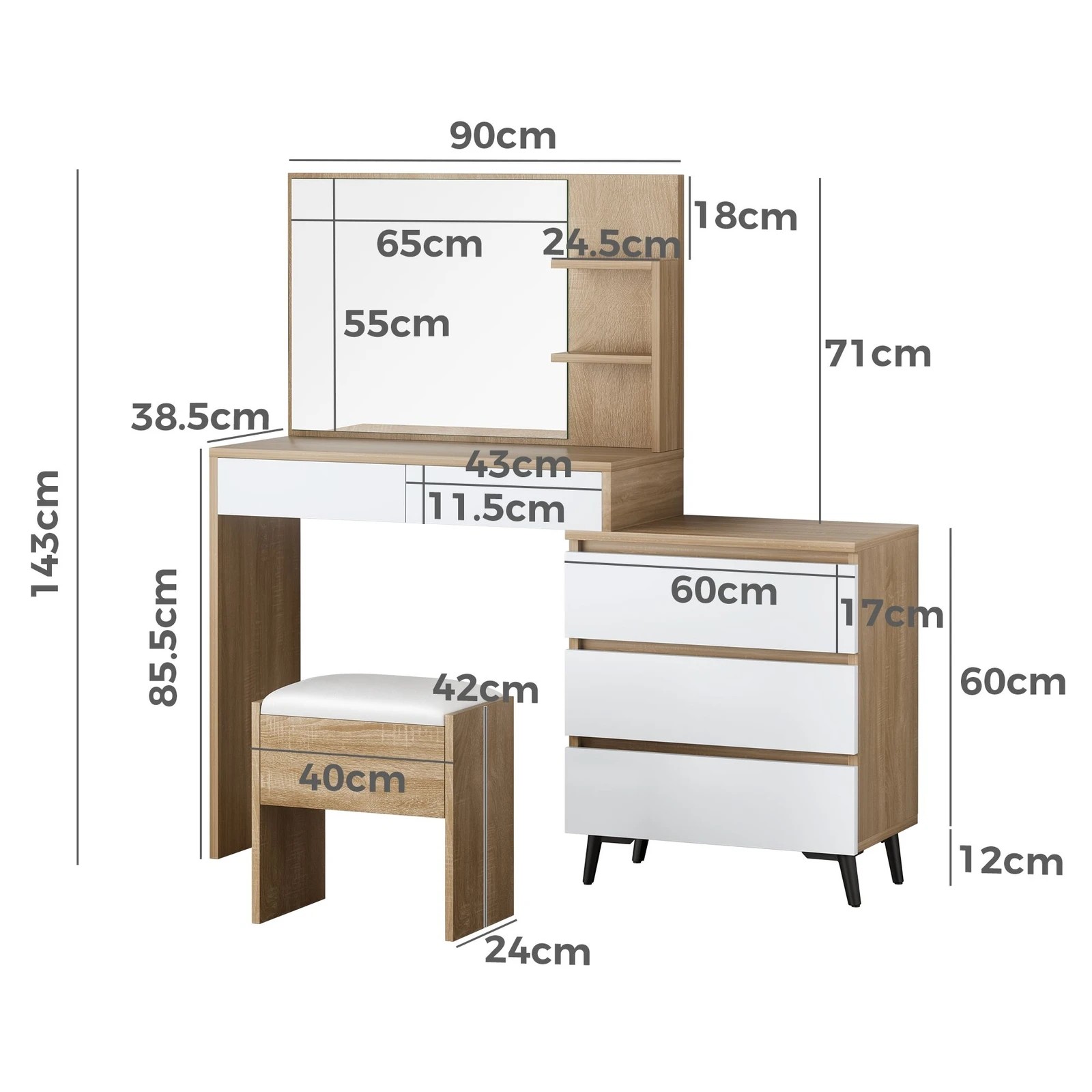 9 Alfordson Dressing Table Stool Set Makeup Mirror Desk Storage Drawers - Wood, 9 of 10