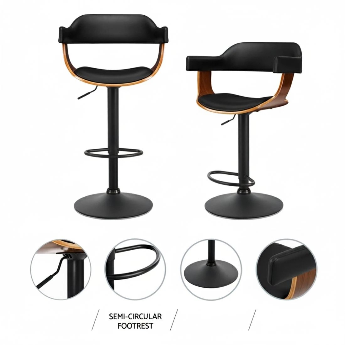 3 Artiss 4x Bar Stools Gas Lift Leather w/Armrest All - Black, 3 of 5