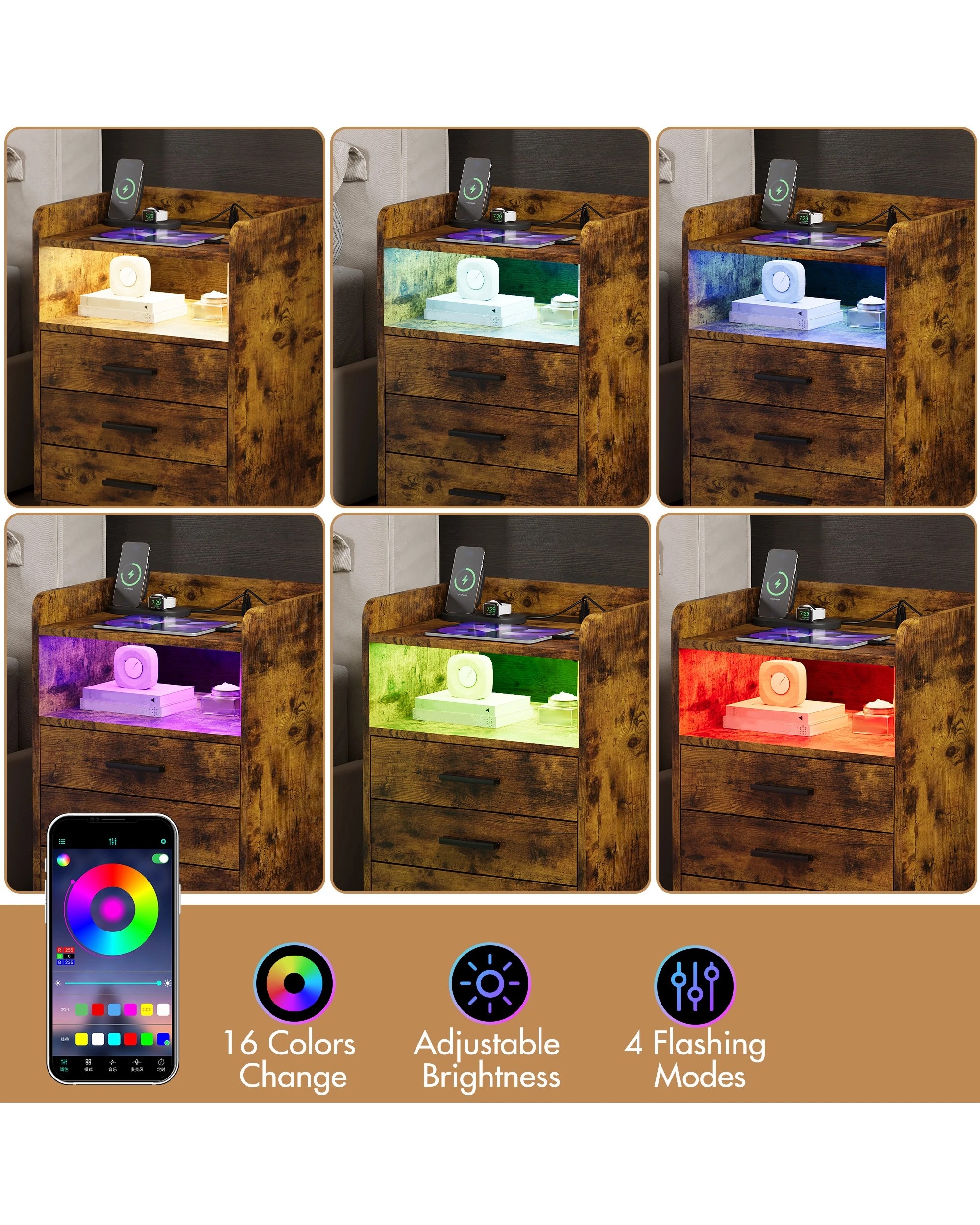 7 Advwin Bedside Table Set Of 2 Rgb Led Light Charging Station 3 Drawers - Brown, 7 of 9