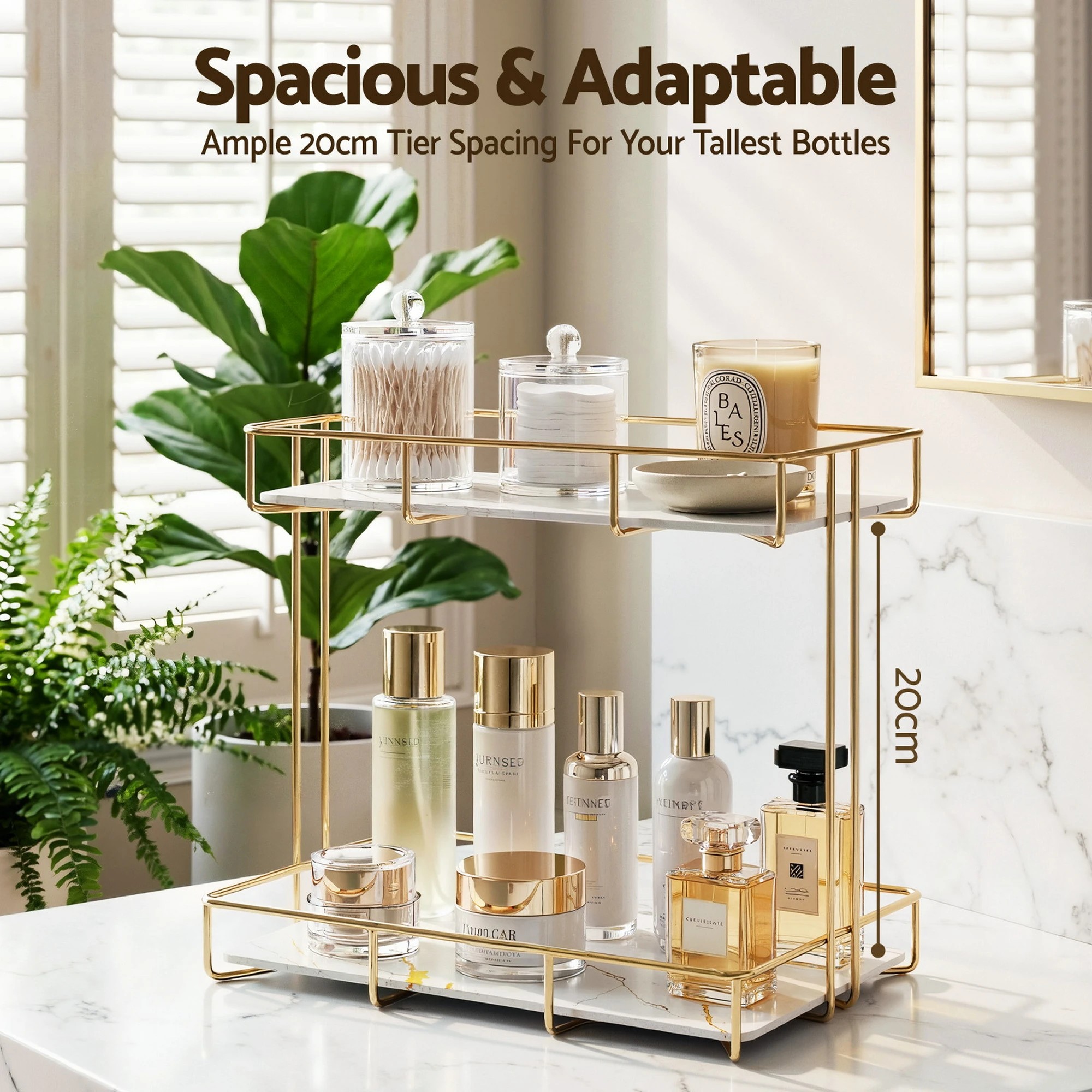 3 Artiss Bathroom Storage Rack 2 Tier Corner Organiser Gold Marble Look - Gold, 3 of 7