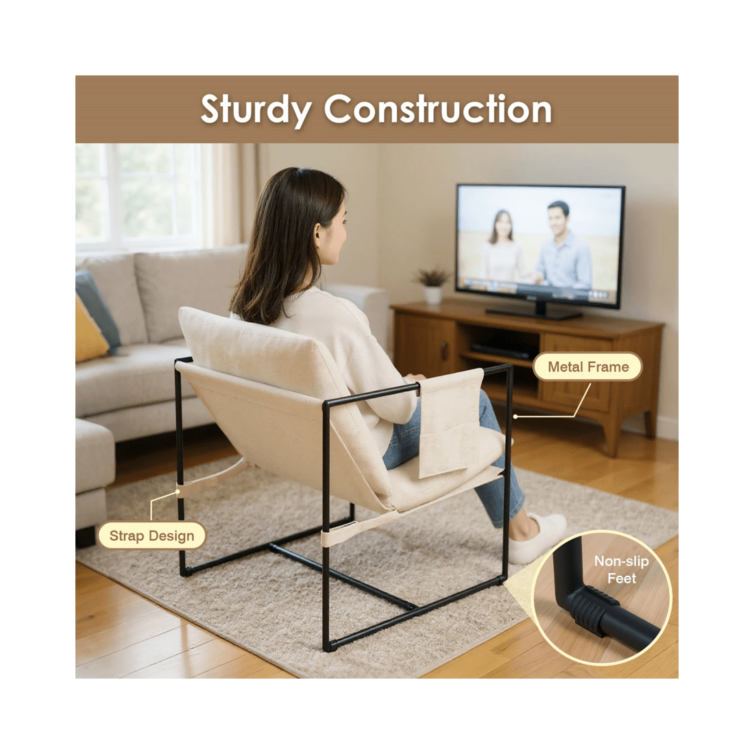 6 Advwin Sling Accent Chair Linen Lounge Chair Armchair with Upholstered Cushions & Side Pocket Beige, 6 of 10