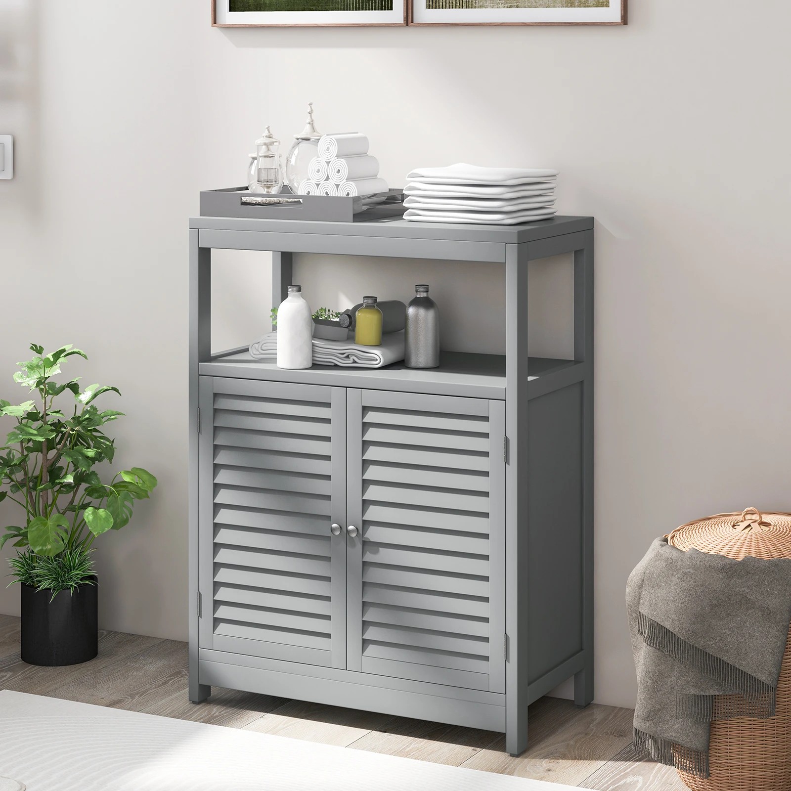 3 Costway Bathroom Storage Cabinet Floor Storage Cupboard w/2 Doors & Open Shelf - Grey, 3 of 7