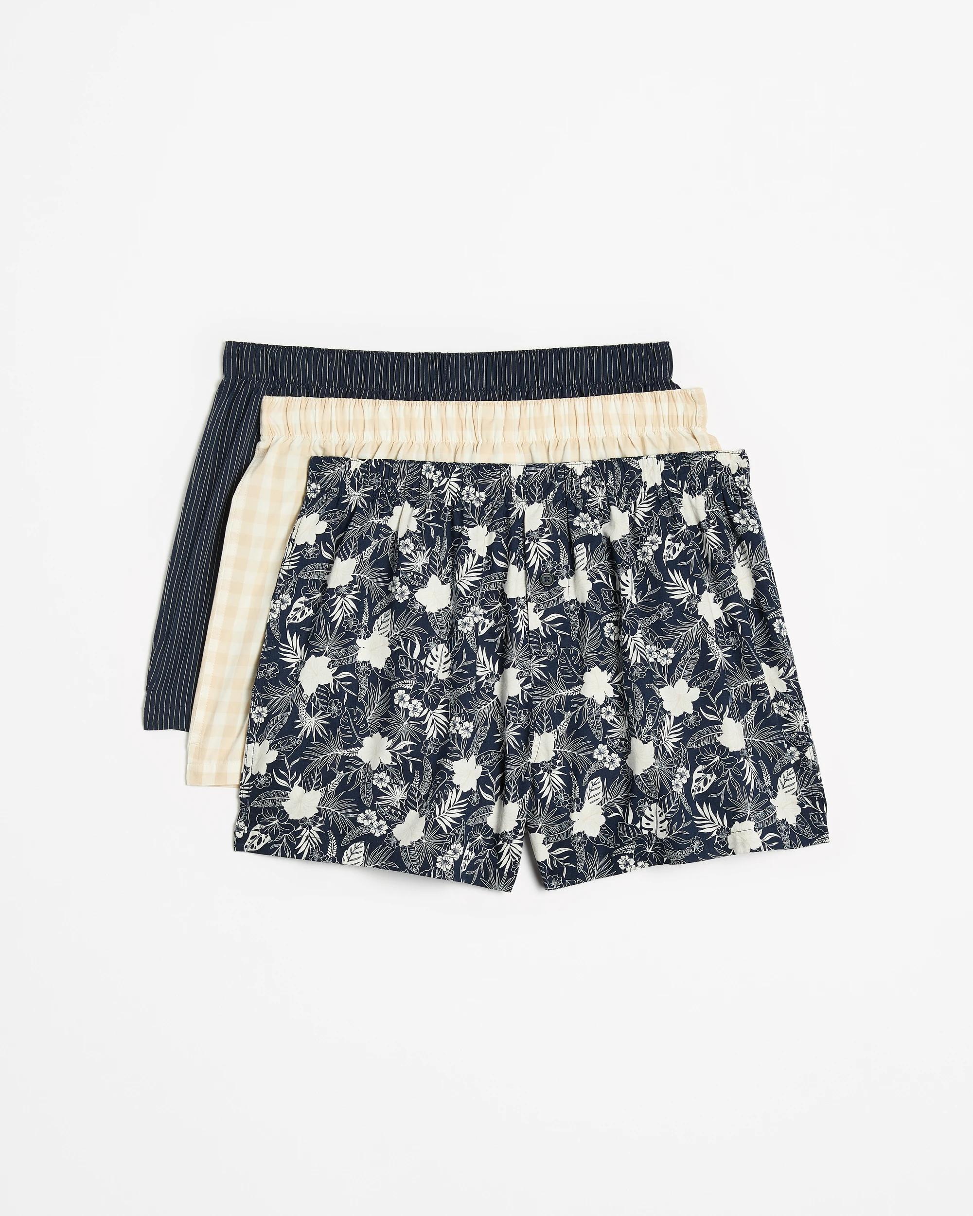 1 Mens Australian Cotton Woven Boxers 3 Pack - Maxx - Hibiscus HIBISCUS PRINT/NAVY STRIPE/PUMICE STONE CHECK, 1 of 4