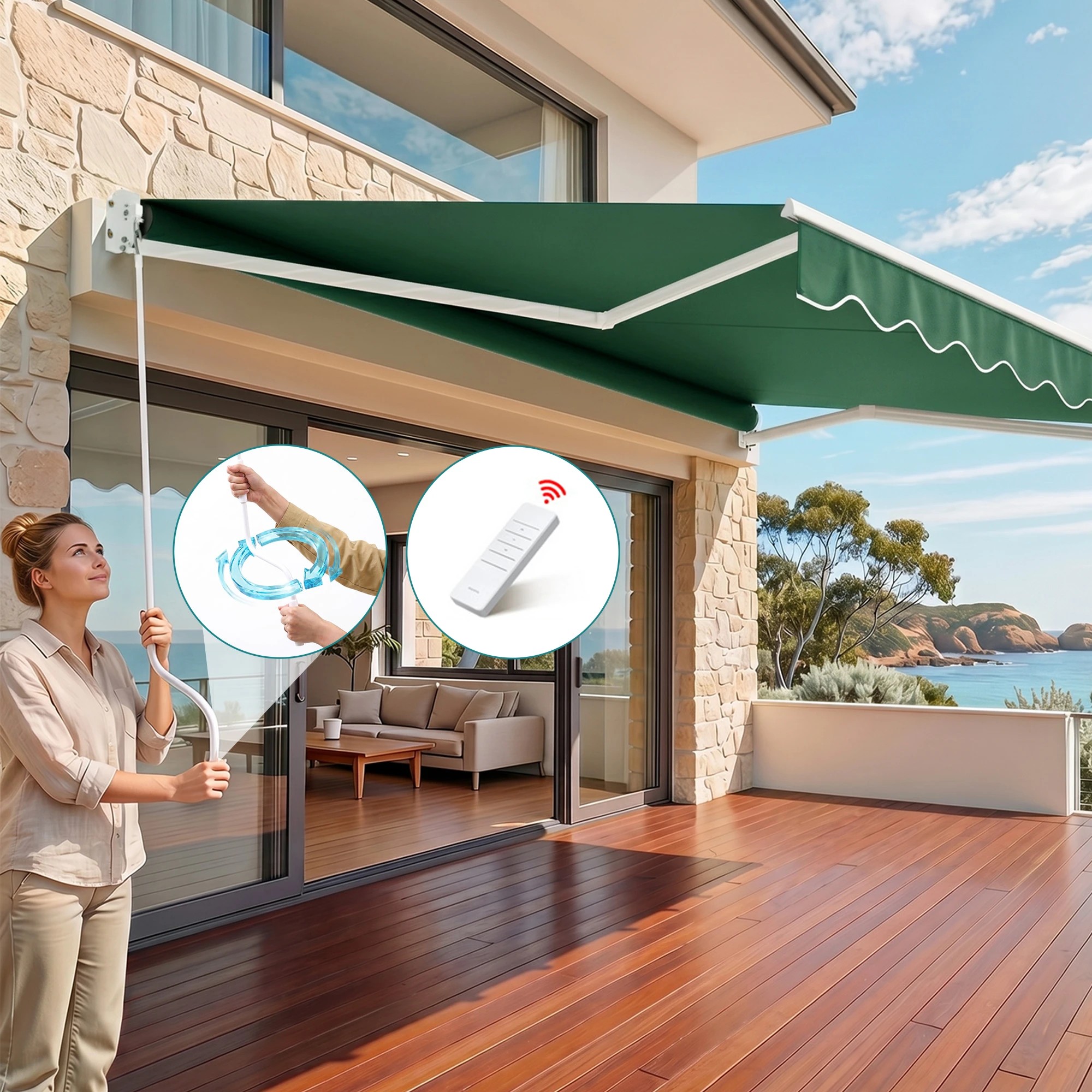 8 Instahut Retractable Folding Arm Awning Motorised Sunshade 5Mx3M - Green, 8 of 9