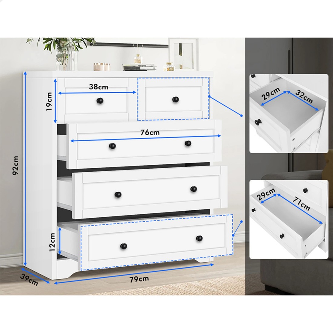 2 Alfordson 5 Chest of Drawers Hamptons Storage Cabinet Dresser Tallboy - White, 2 of 8