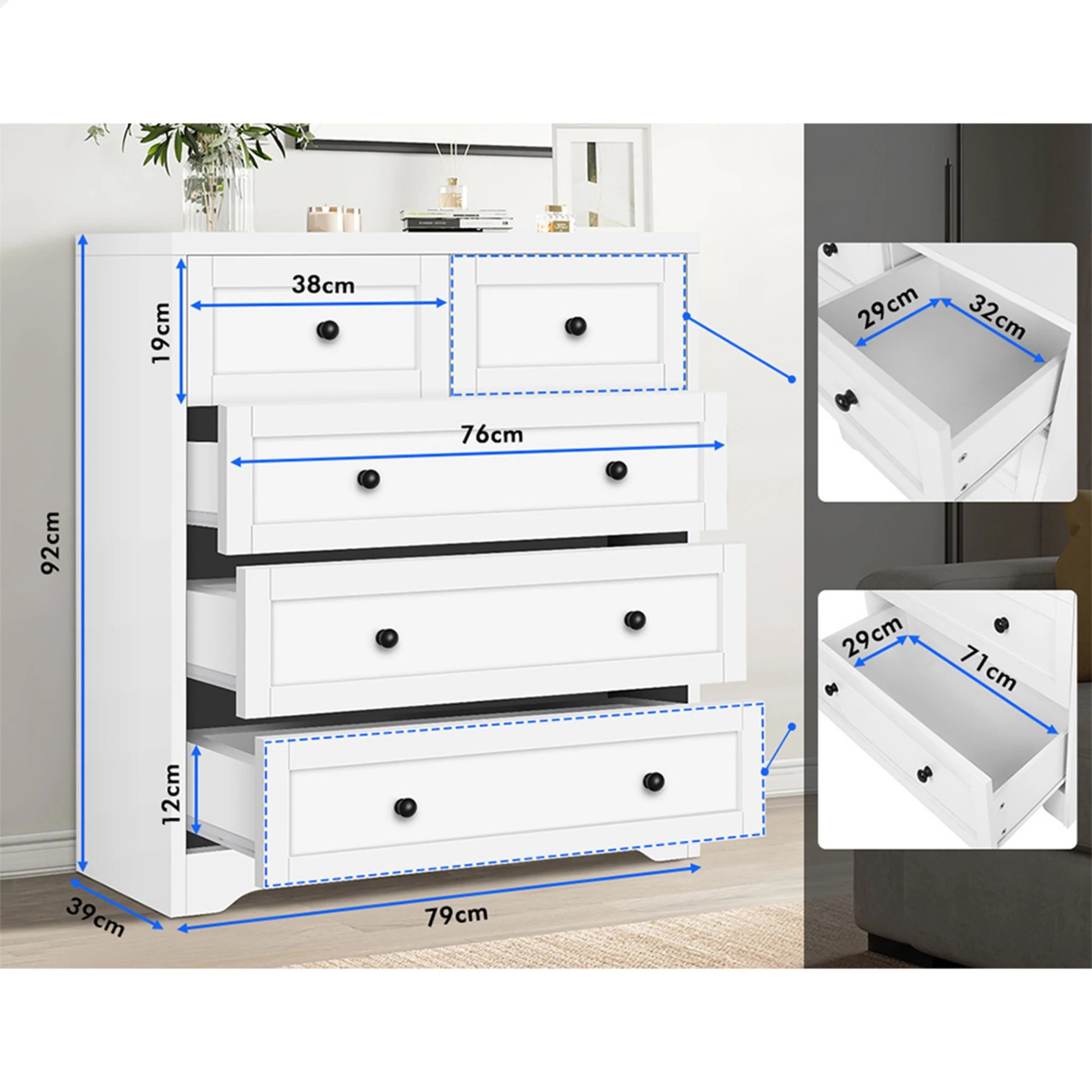 2 Alfordson 5 Chest of Drawers Hamptons Storage Cabinet Dresser Tallboy - White, 2 of 8