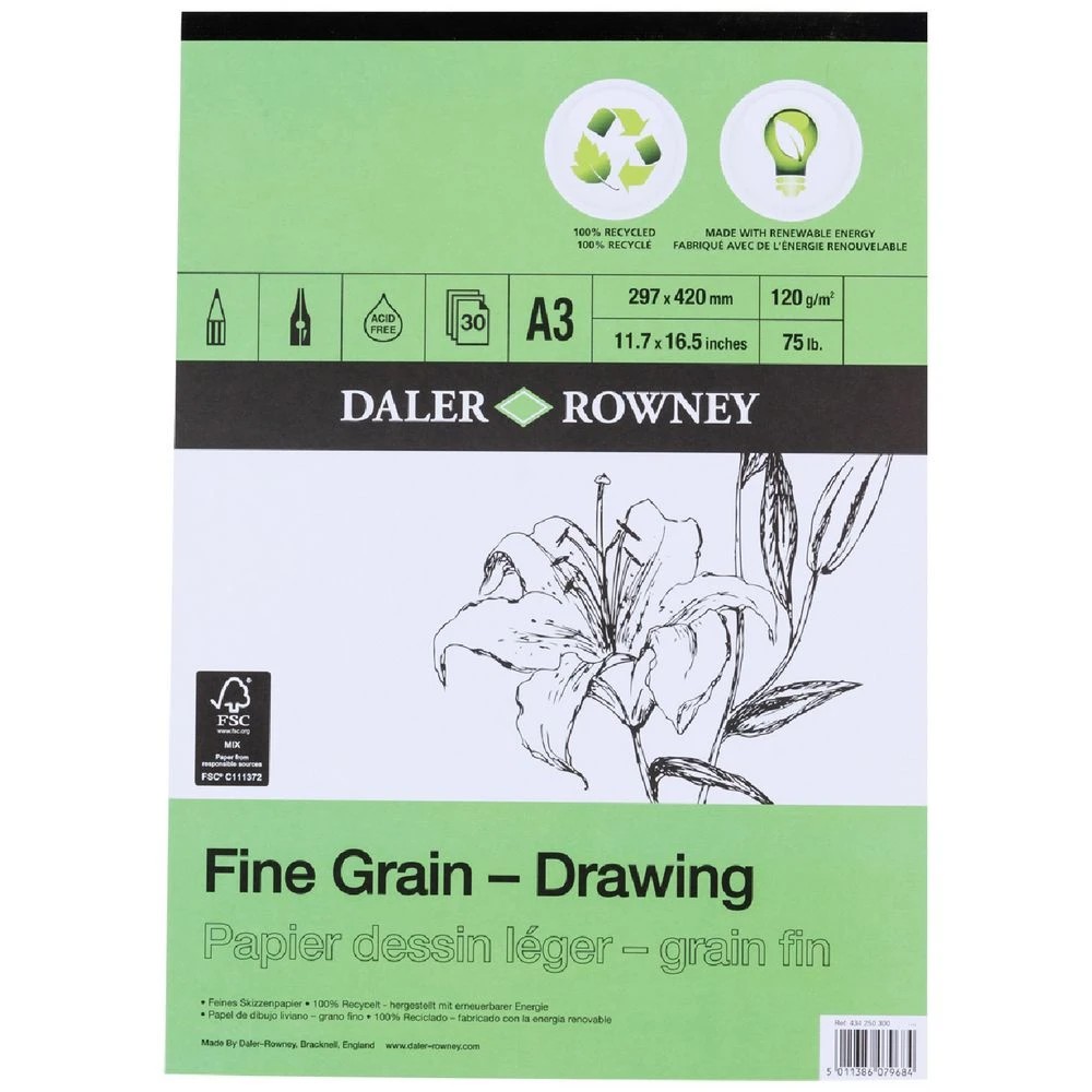 1 Daler-Rowney Fine Grain Eco Drawing Pad 120gsm 30 Sheets A3, 1 of 1