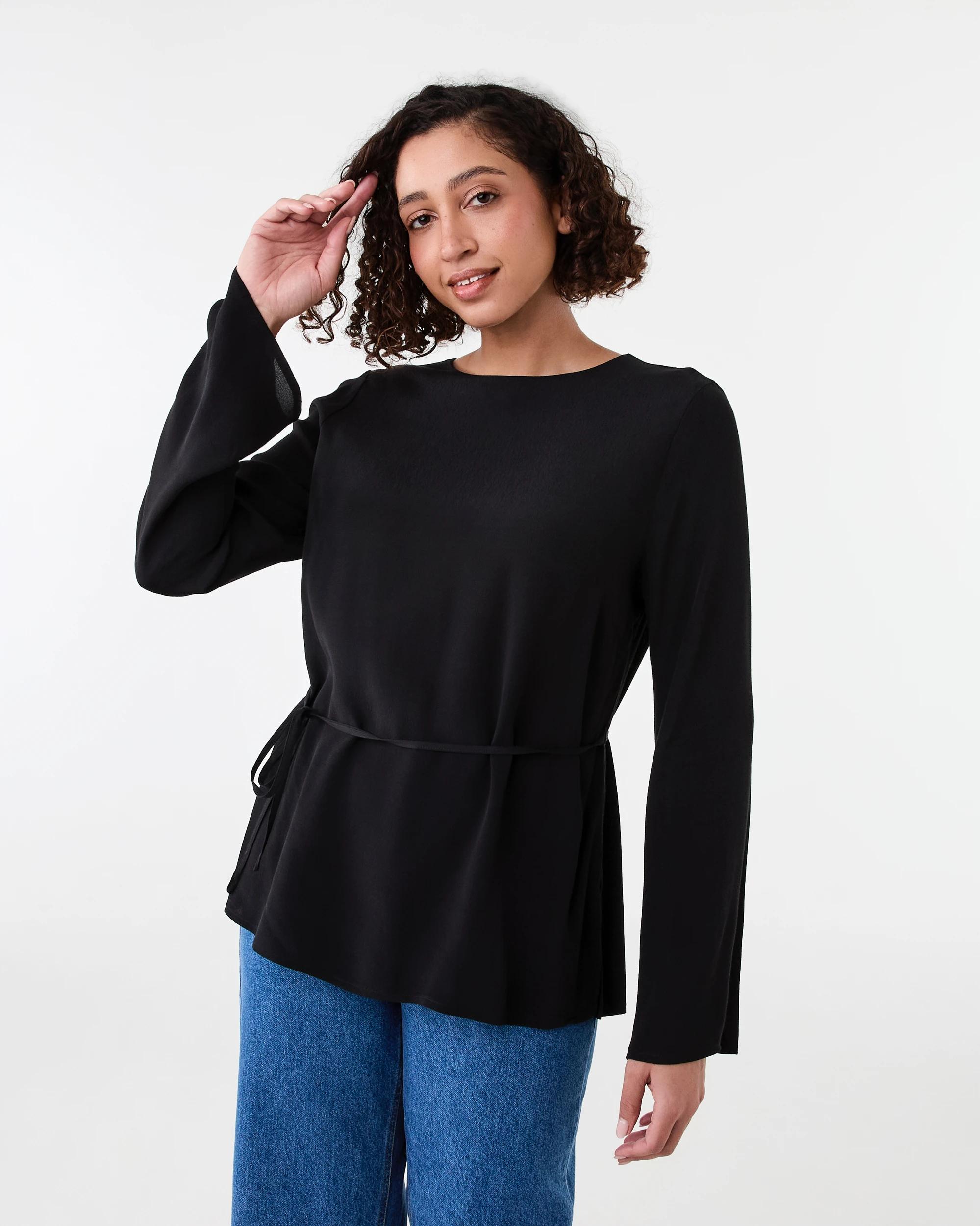 1 Long Sleeve Tie Waist Top Black, 1 of 7