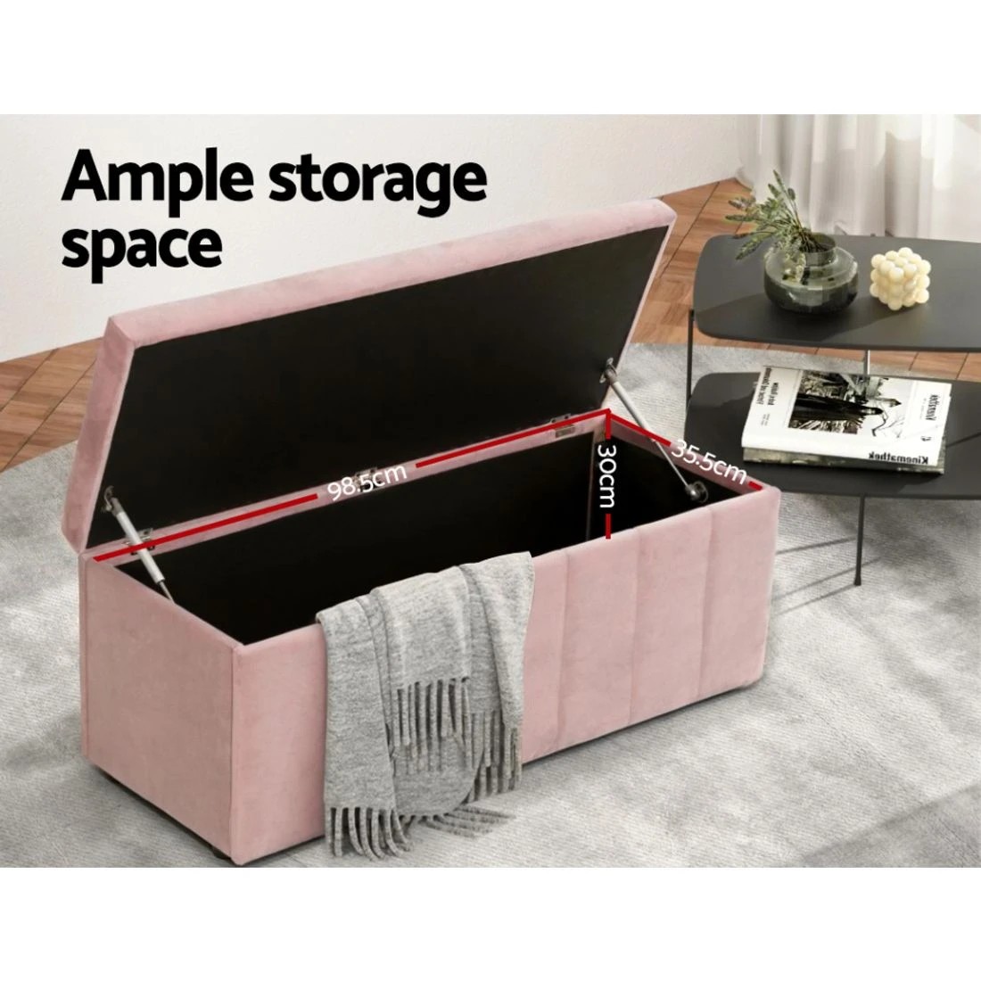6 Artiss Storage Ottoman Blanket Box 103cm Velvet - Pink, 6 of 7