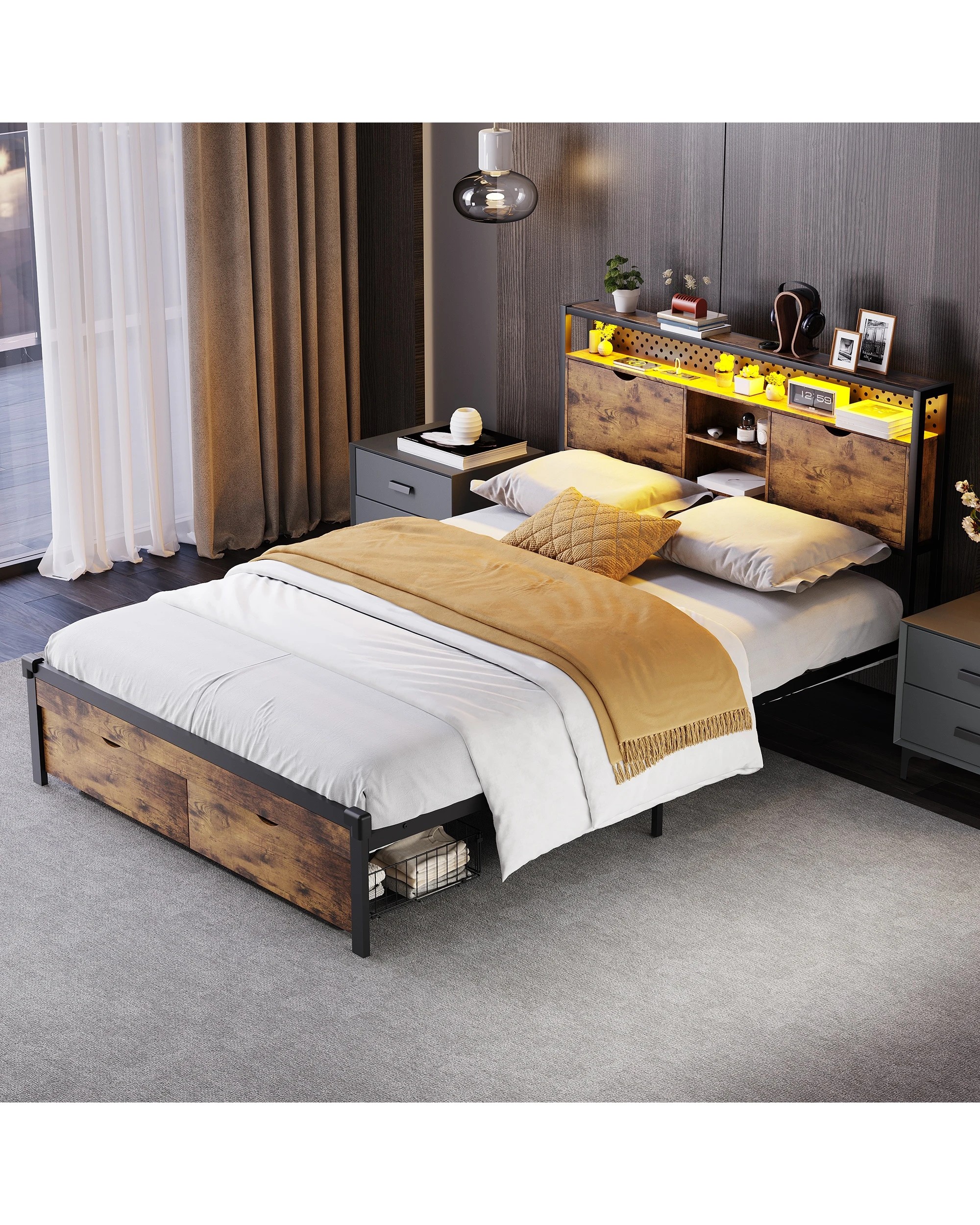 7 Advwin Queen Bed Frame with 2 Storage Drawers & LED Lights & Charging Station - Brown, 7 of 7