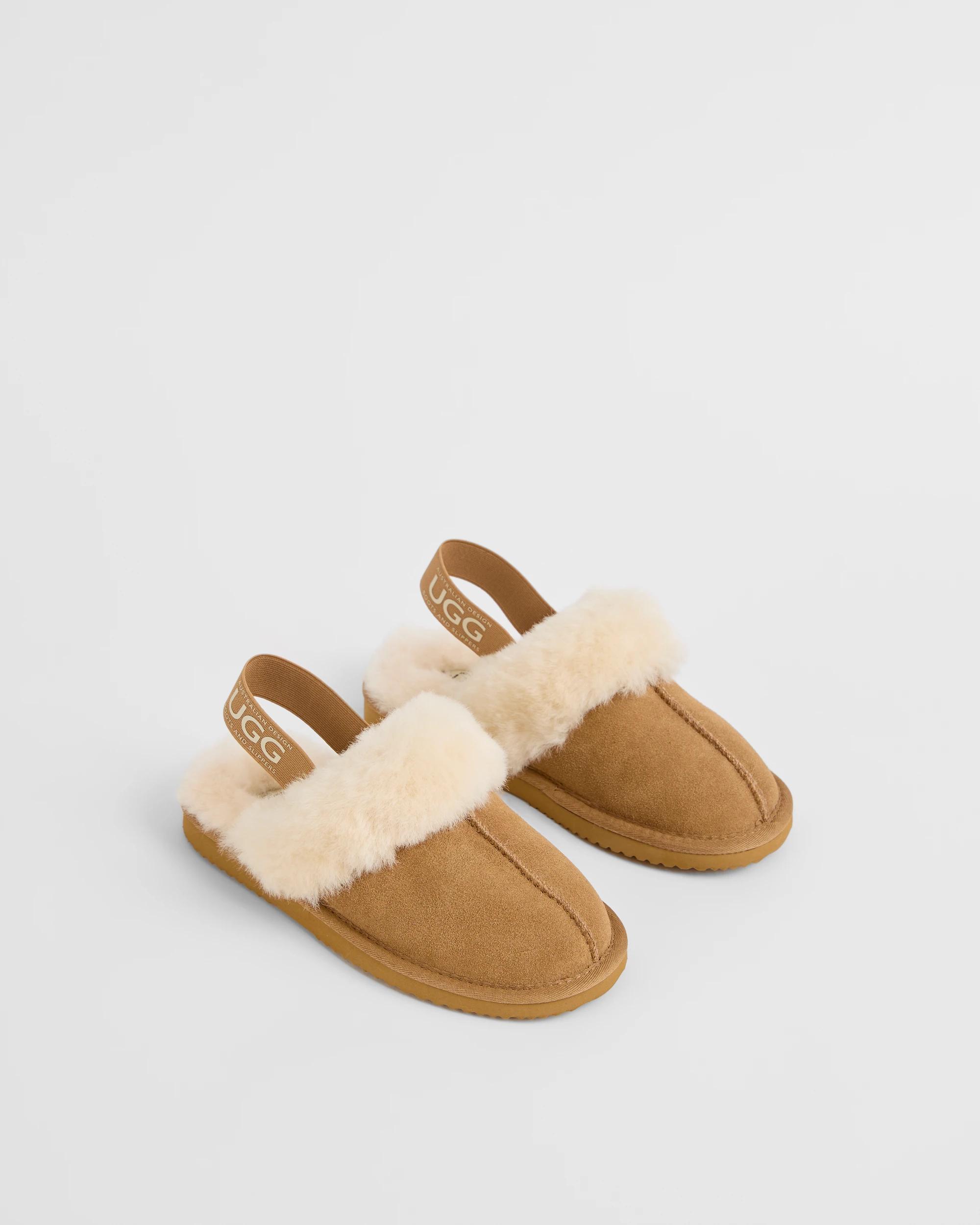 2 Australian Design Ugg Boots and Slippers Australian Design UGG Leather and Sheepskin Elastic Scuff Slippers CHESTNUT, 2 of 3