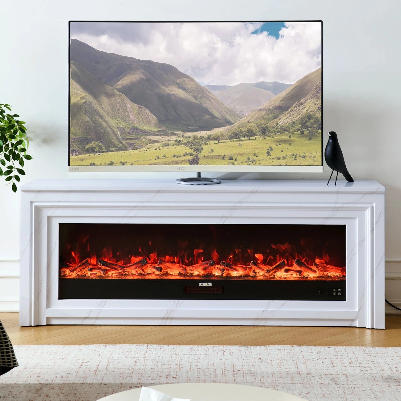 1 Moda Living Valence 60 inch Electric Fireplace with White Mantel Suite - White, 1 of 9