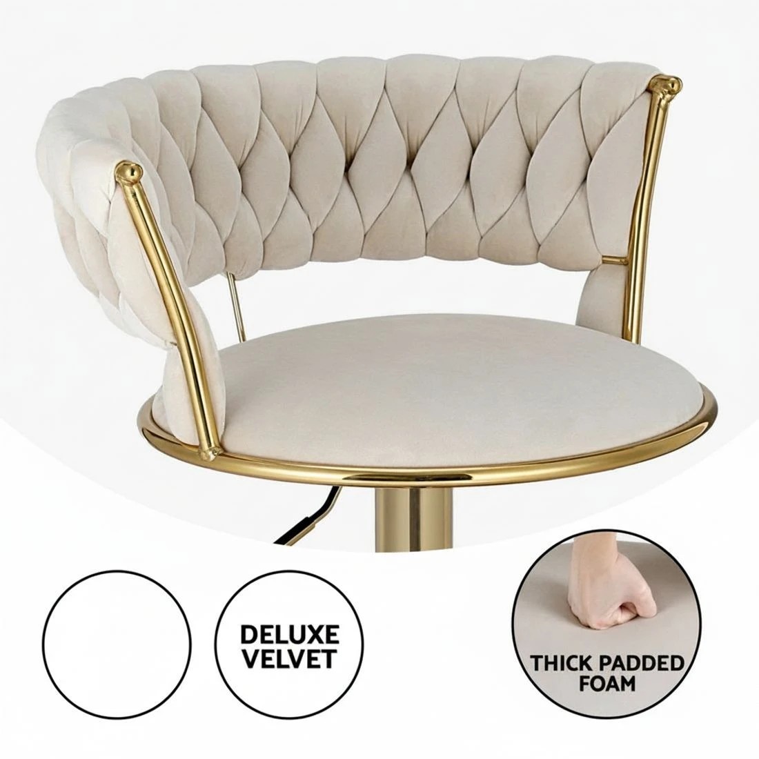 5 Artiss 2x Bar Stools Gas Lift Velvet Woven Backrest Ivory - Beige, 5 of 6