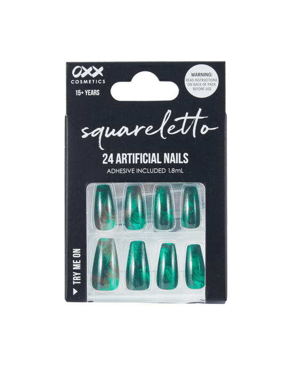 OXX Cosmetics 24 Pack Artificial Nails with Adhesive - Squareletto Shape, Green Swirl