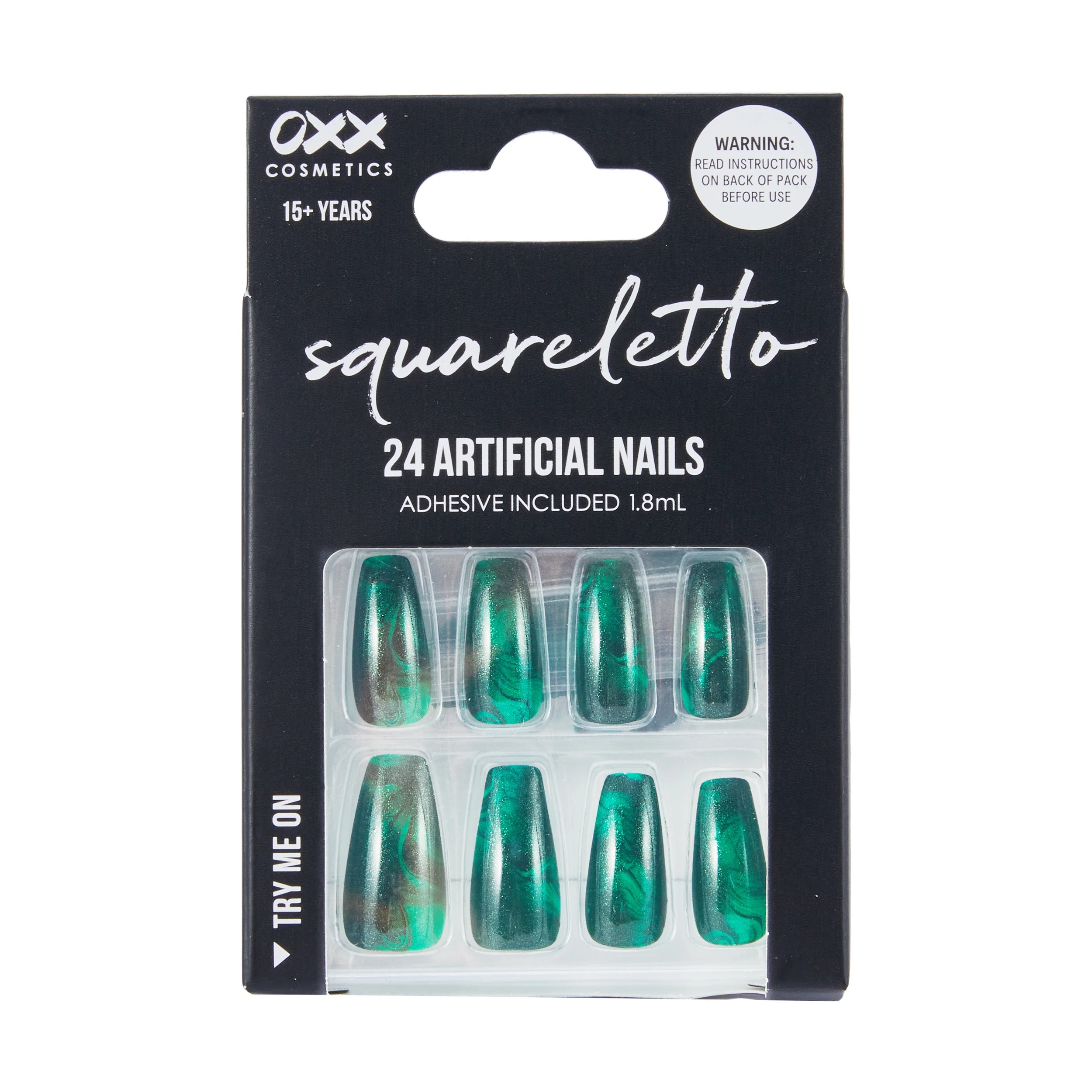 1 OXX Cosmetics 24 Pack Artificial Nails with Adhesive - Squareletto Shape, Green Swirl, 1 of 4