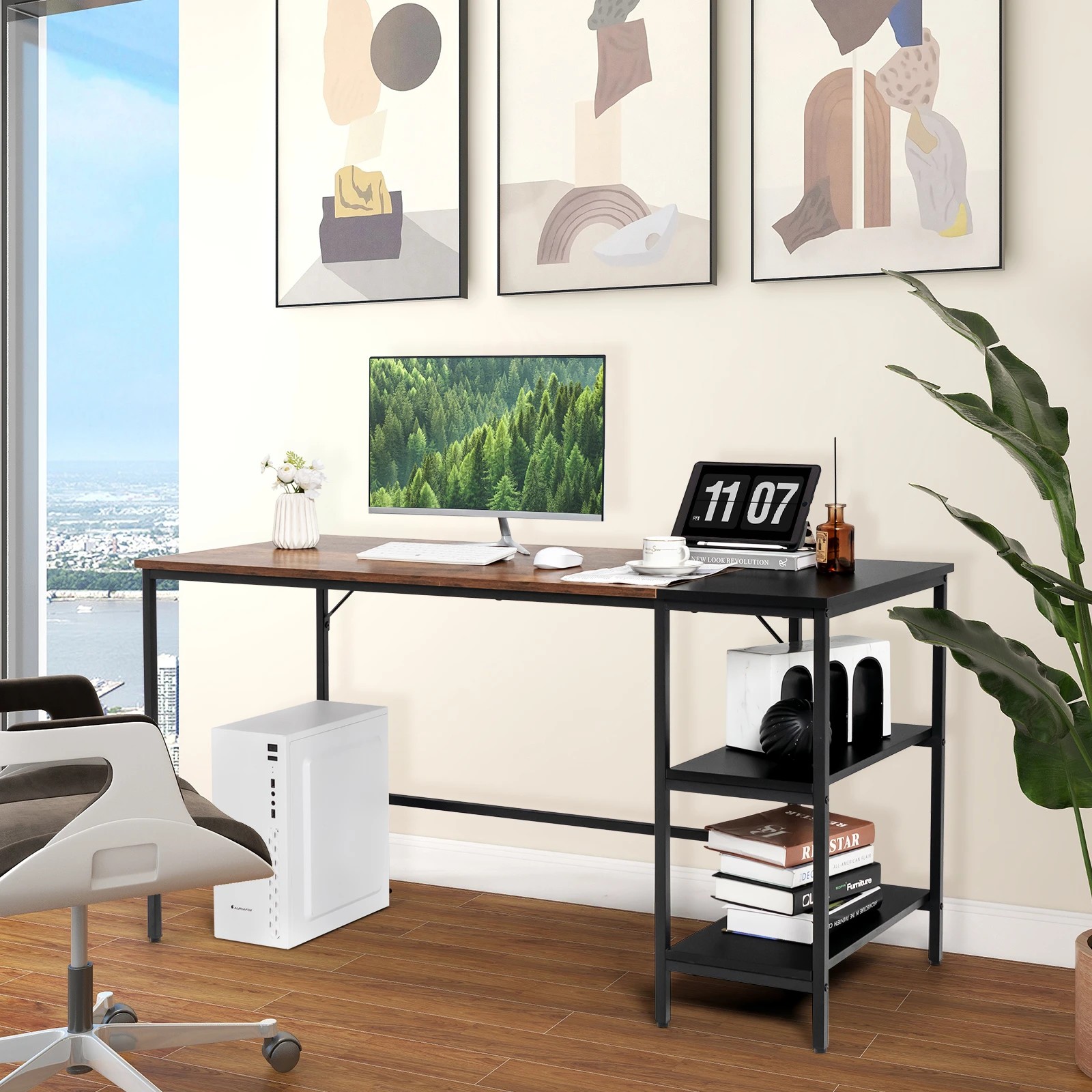3 Costway 140cm Reversible Computer Desk Writing Study Table w/Bookshelf, 3 of 6