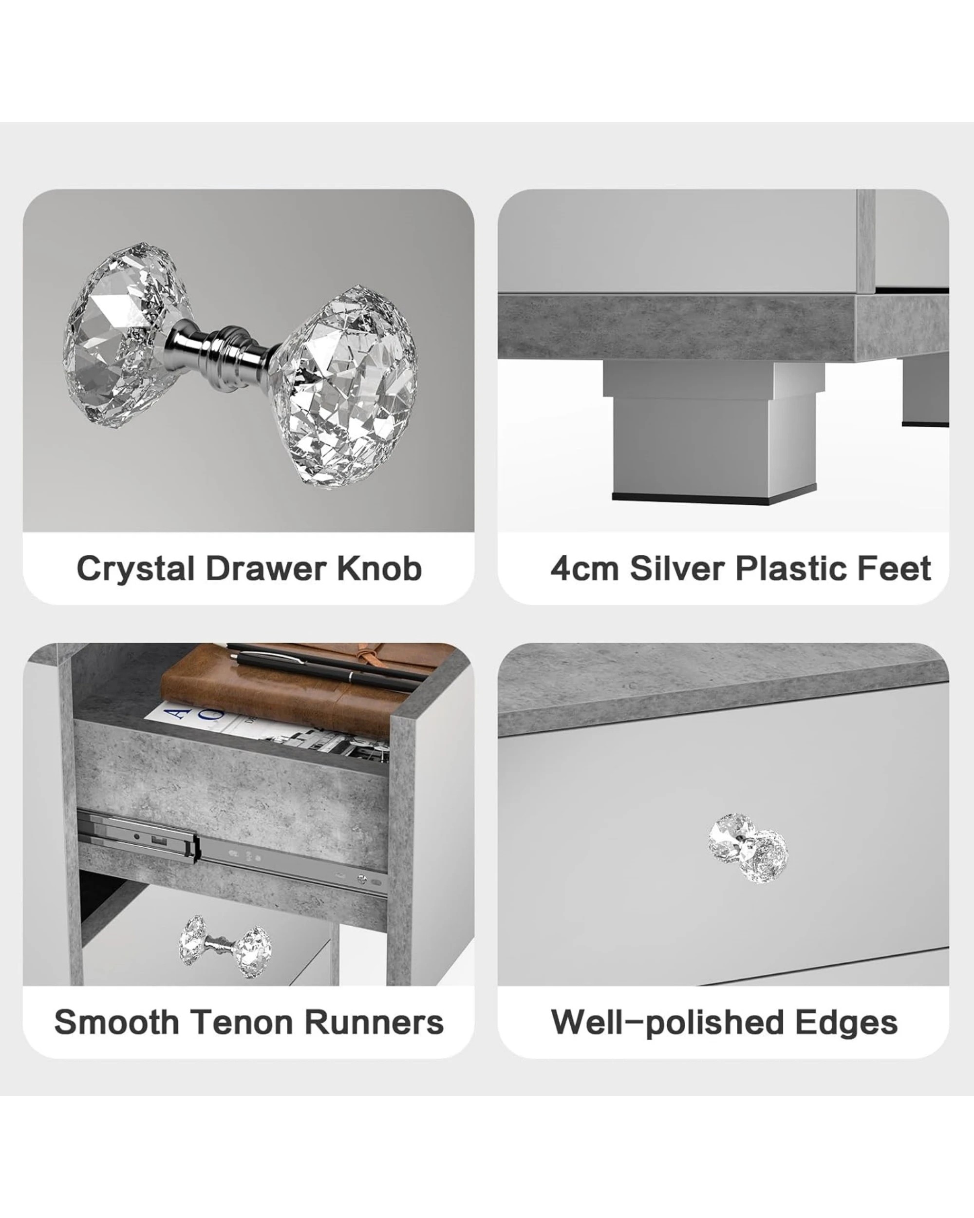 8 Advwin 2 Drawers Bedside Table Set of 2 Mirrored Nightstand, 8 of 8