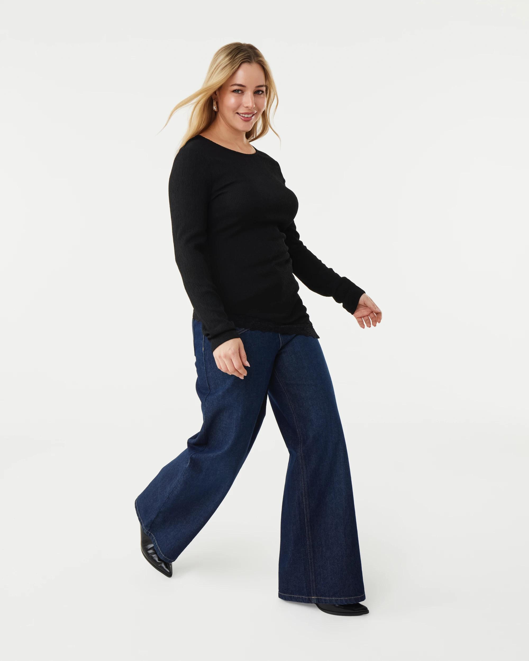 3 Long Sleeve Asymmetrical Lace Trim Top Black, 3 of 8