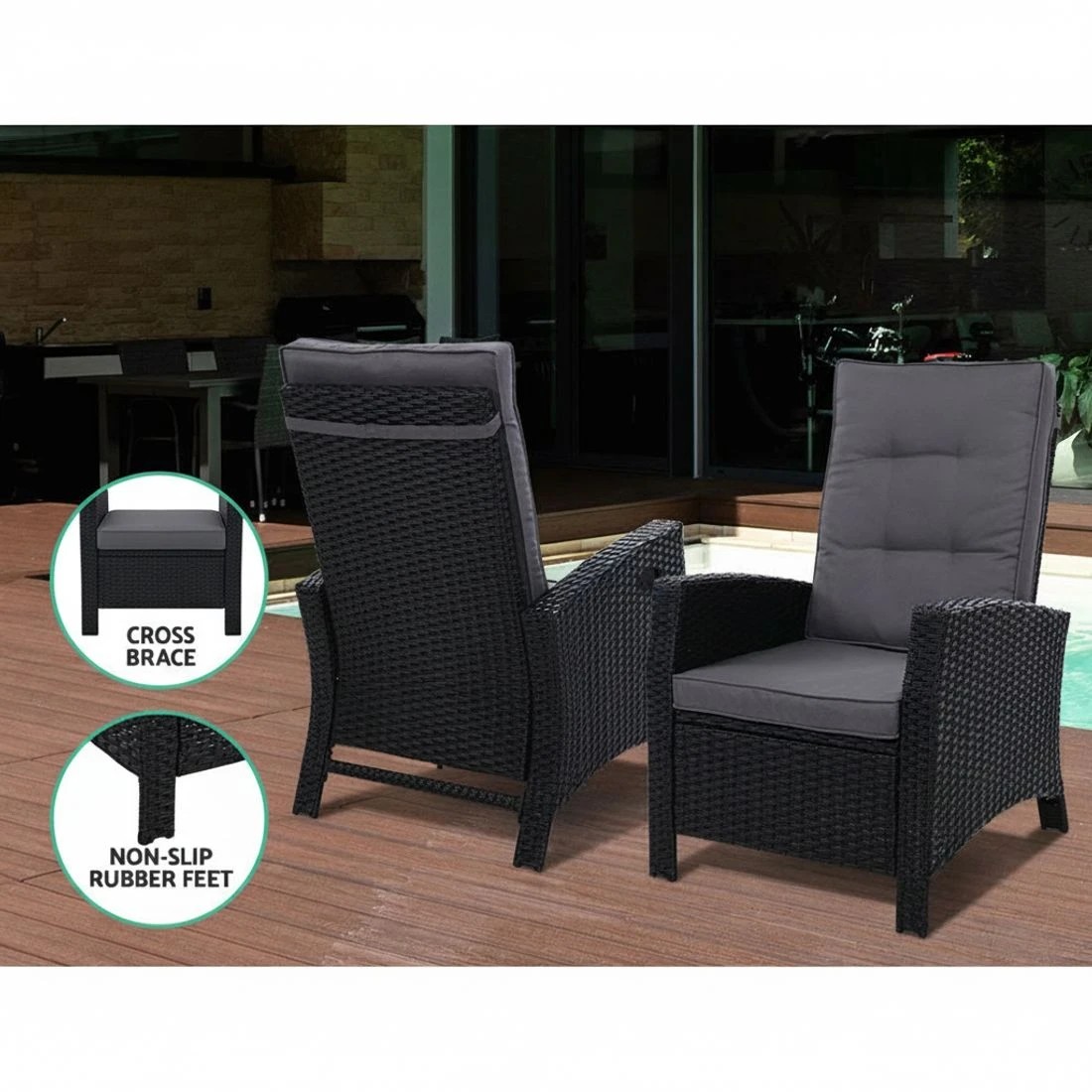 4 Gardeon 2PC Recliner Chairs Sun lounge Wicker Lounger Outdoor Furniture - Black, 4 of 6