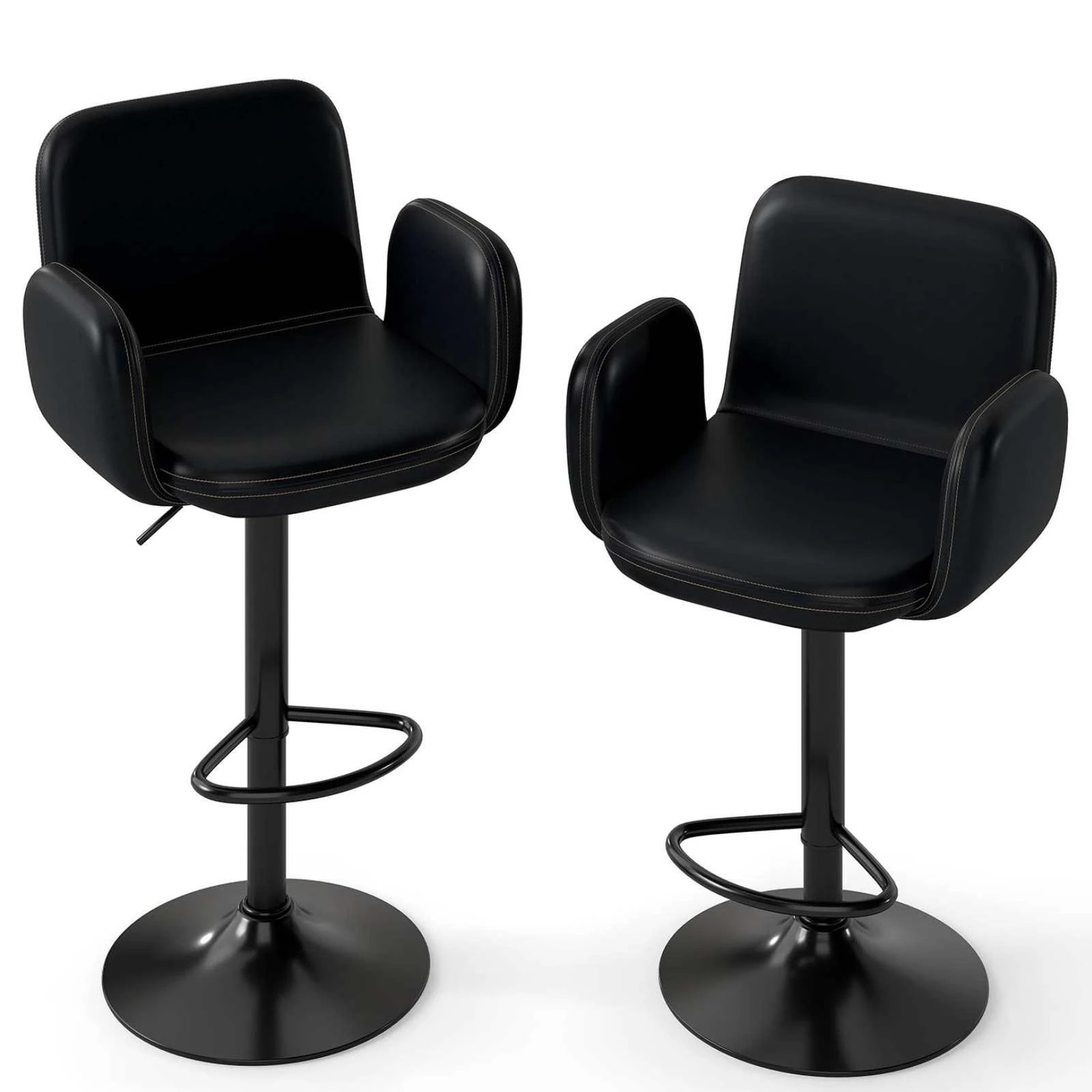 1 Costway Swivel Bar Stools Set 2x Upholstered Barstools Adjustable PU Counter Chairs - Black, 1 of 4
