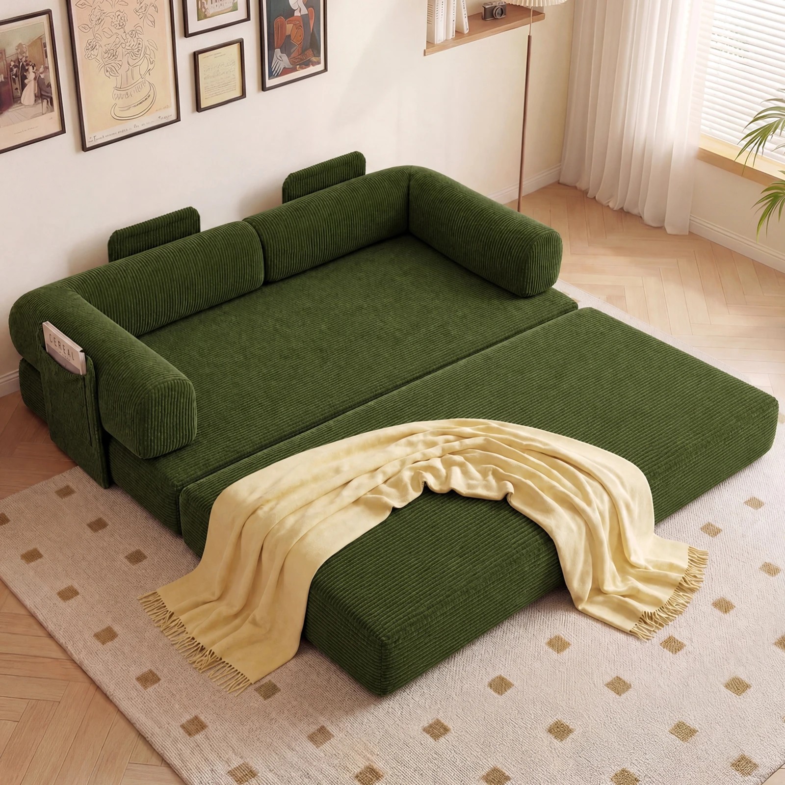 1 Advwin Folding Sofa Bed 5 in 1 Convertible Floor Loveseat Couch with L Shaped Armrests and Pockets - Green, 1 of 7