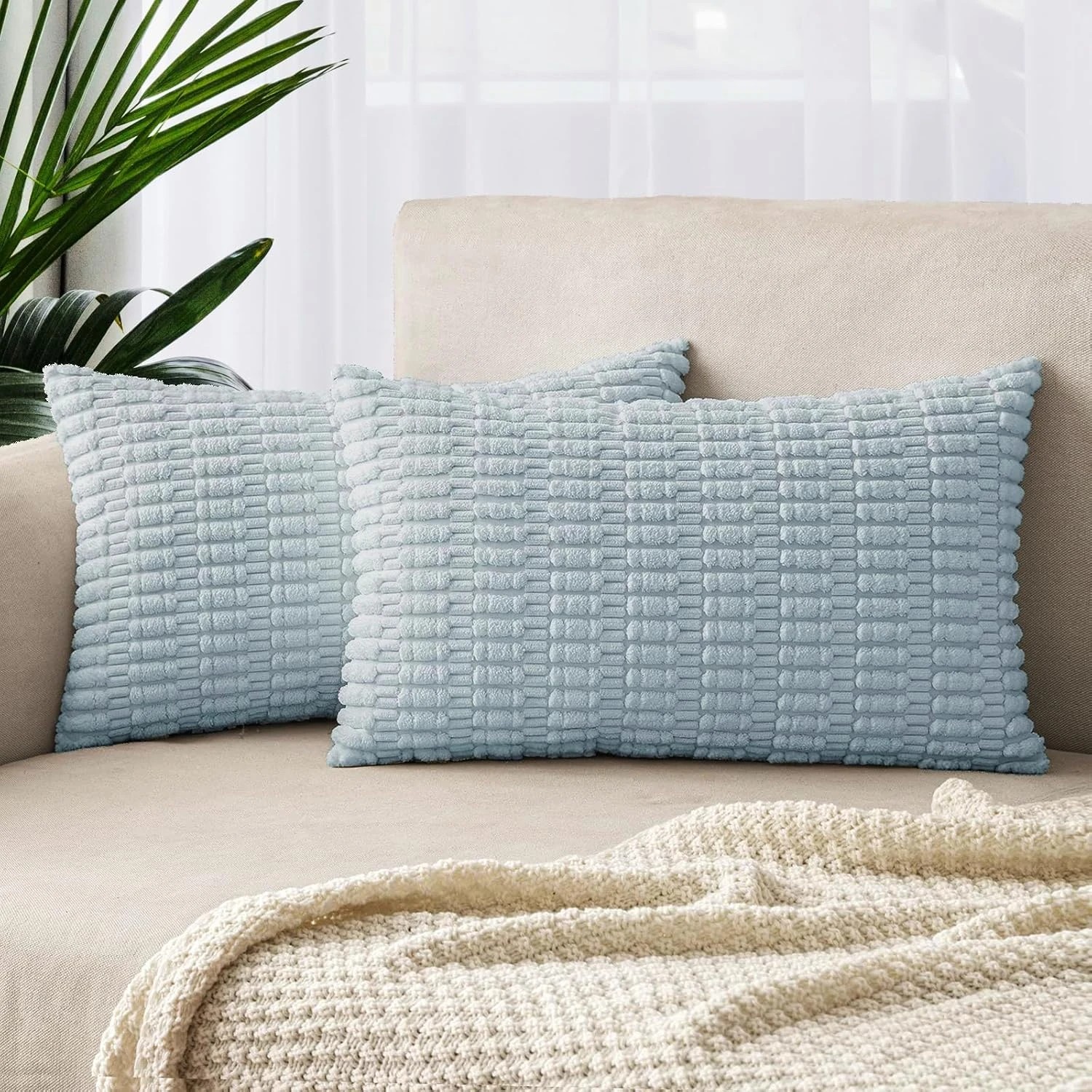 1 Gioia Casa 2-Pack Boho Striped Corduroy Cushion Covers 30x50cm - Sky, 1 of 2