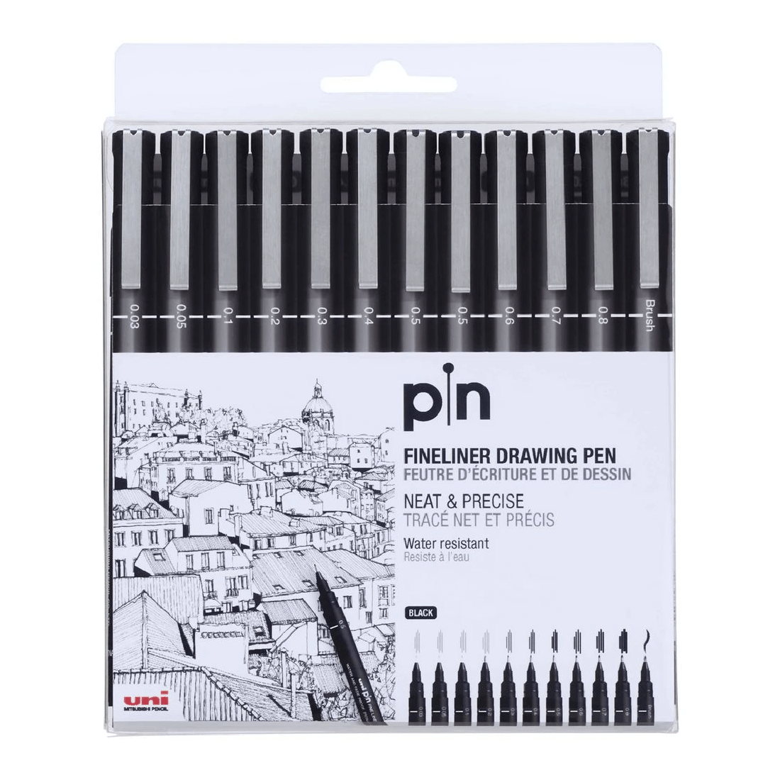 1 Uni Pin Fineliners Assorted Nib Sizes Black 12 Pack, 1 of 3