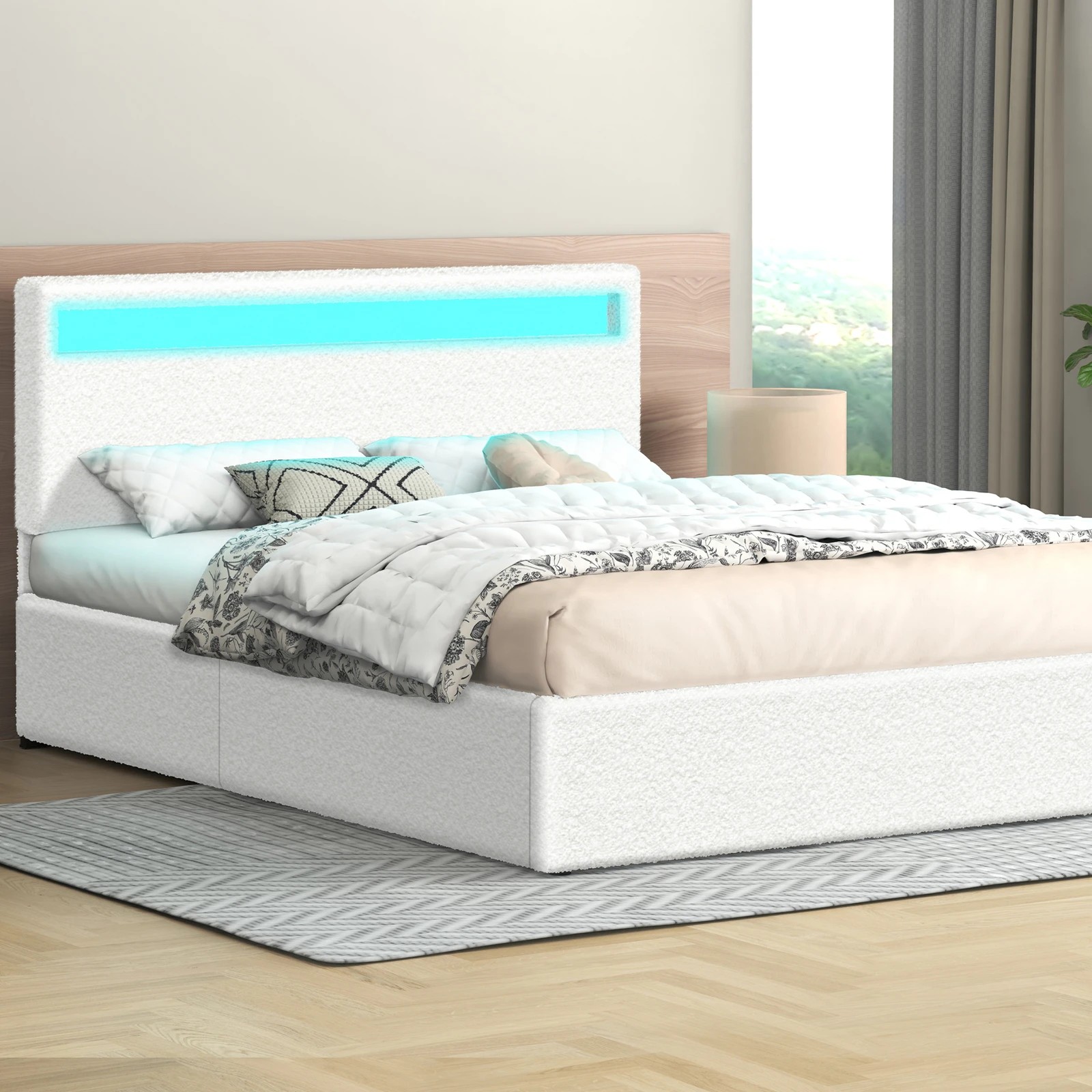 2 Alfordson Bed Frame Double Size RGB LED Gas Lift Storage Base Boucle Luchino - White, 2 of 10