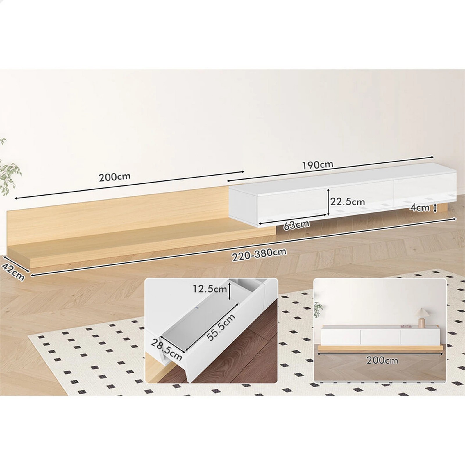 8 Alfordson 200-380cm Extendable Entertainment Unit TV Cabinet Stand Storage Shelf - Wood White, 8 of 8