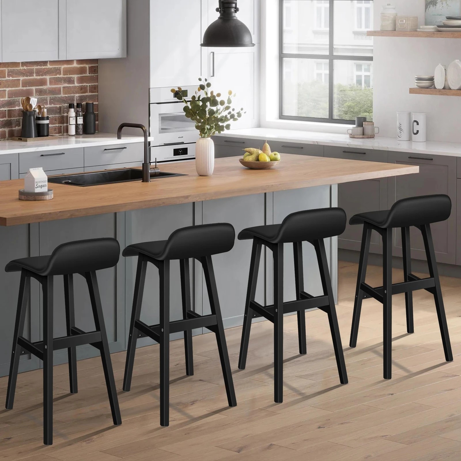 2 Alfordson 4x Wooden Bar Stools Kitchen Dining Chair Leather Samuel - Black, 2 of 9