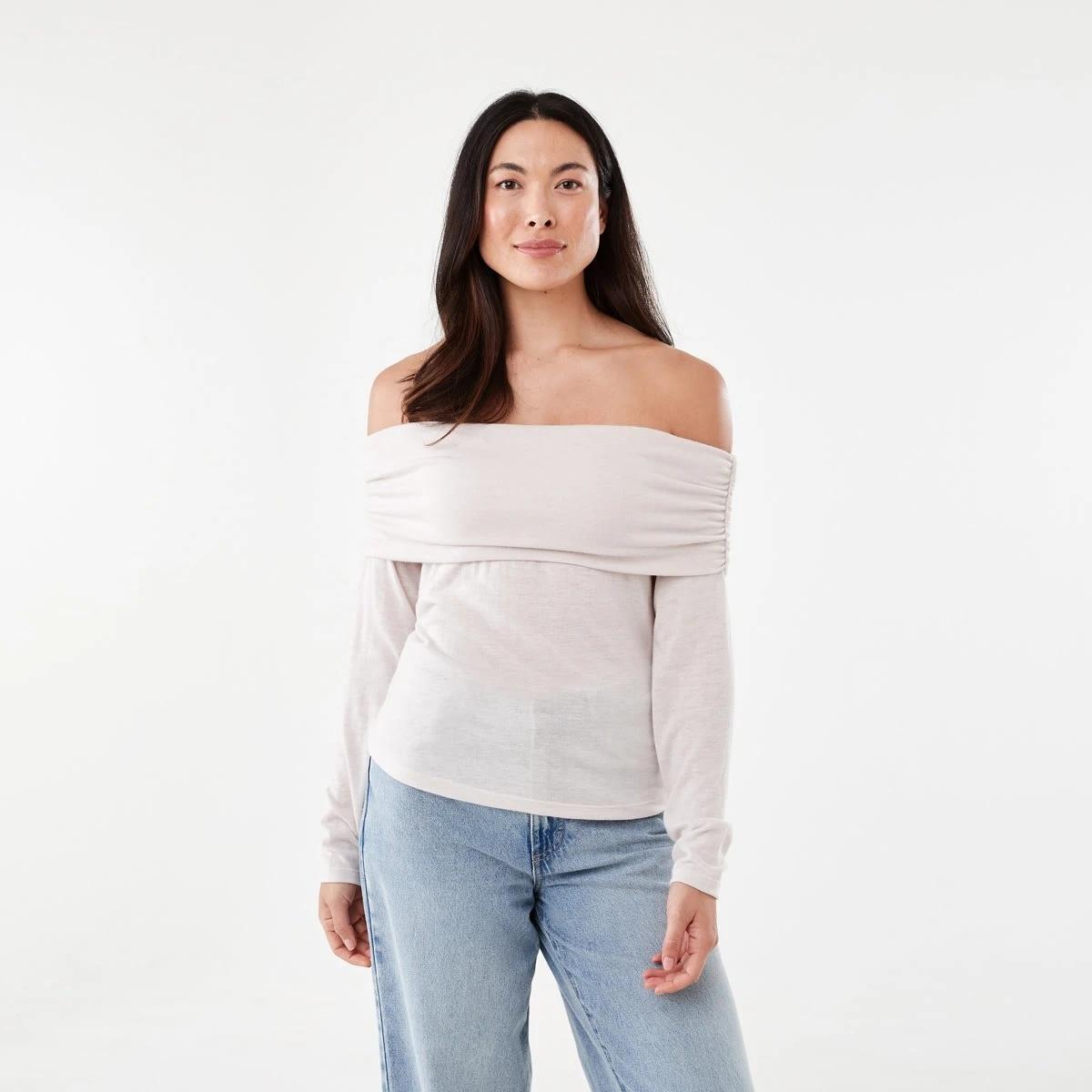 1 Long Sleeve Off Shoulder Top Nat Beige, 1 of 5