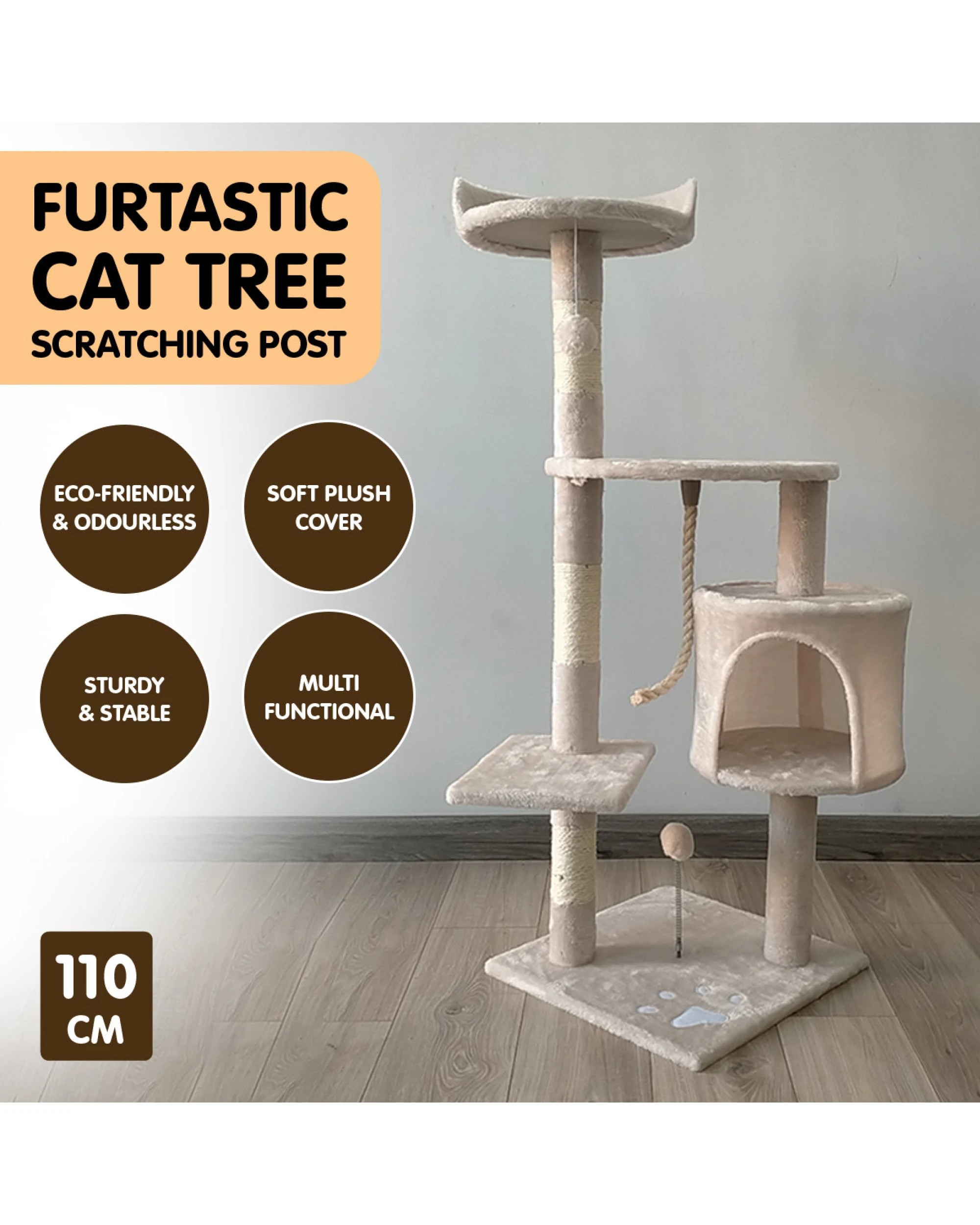 7 Furtastic 110cm Cat Tree Scratching Post - Beige, 7 of 7