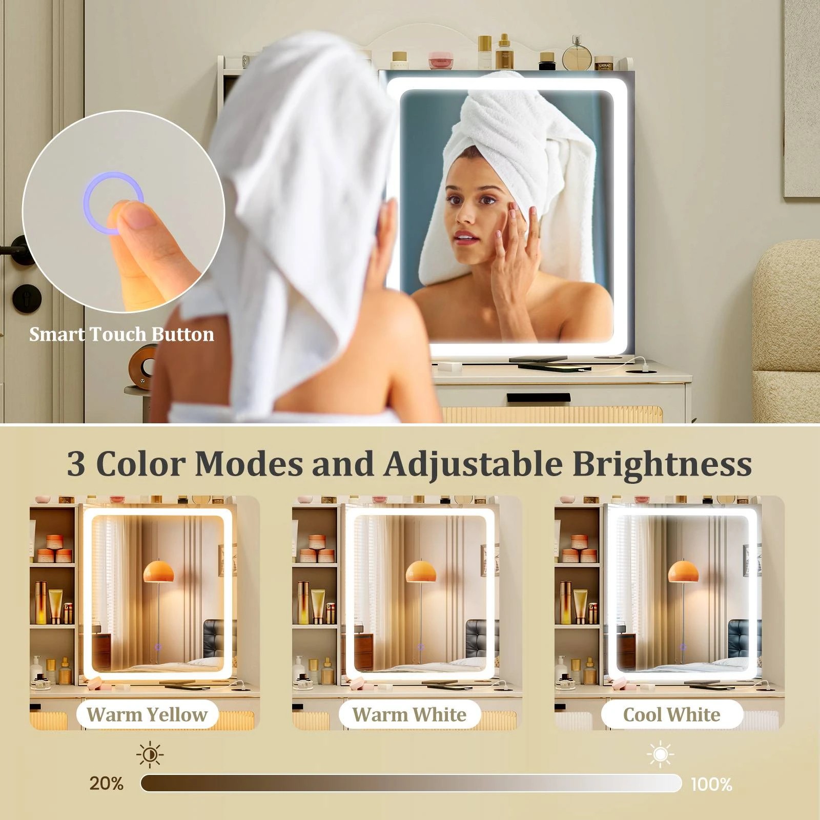 6 Costway 3-Color LED Dressing Table Set Makeup Vanity Table Stool Set w/Mirror, 6 of 10